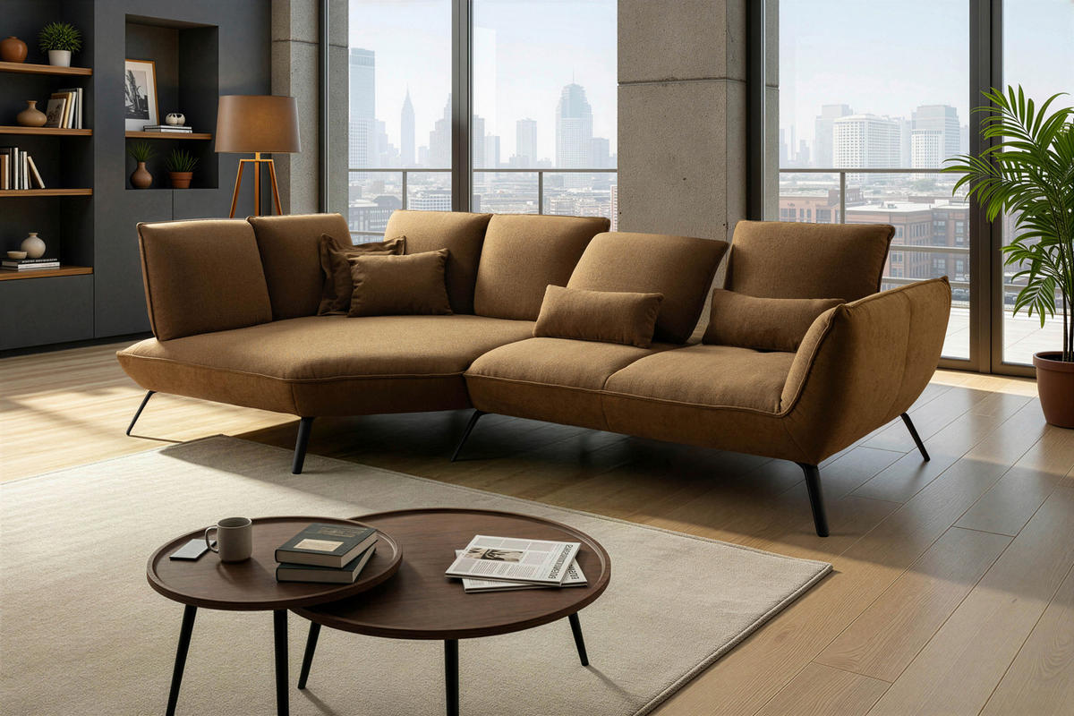 ECKSOFA Braun Flachgewebe Nierenkissen, Rücken echt  - Schwarz/Braun, Design, Textil/Metall (169/320cm) - Moderano