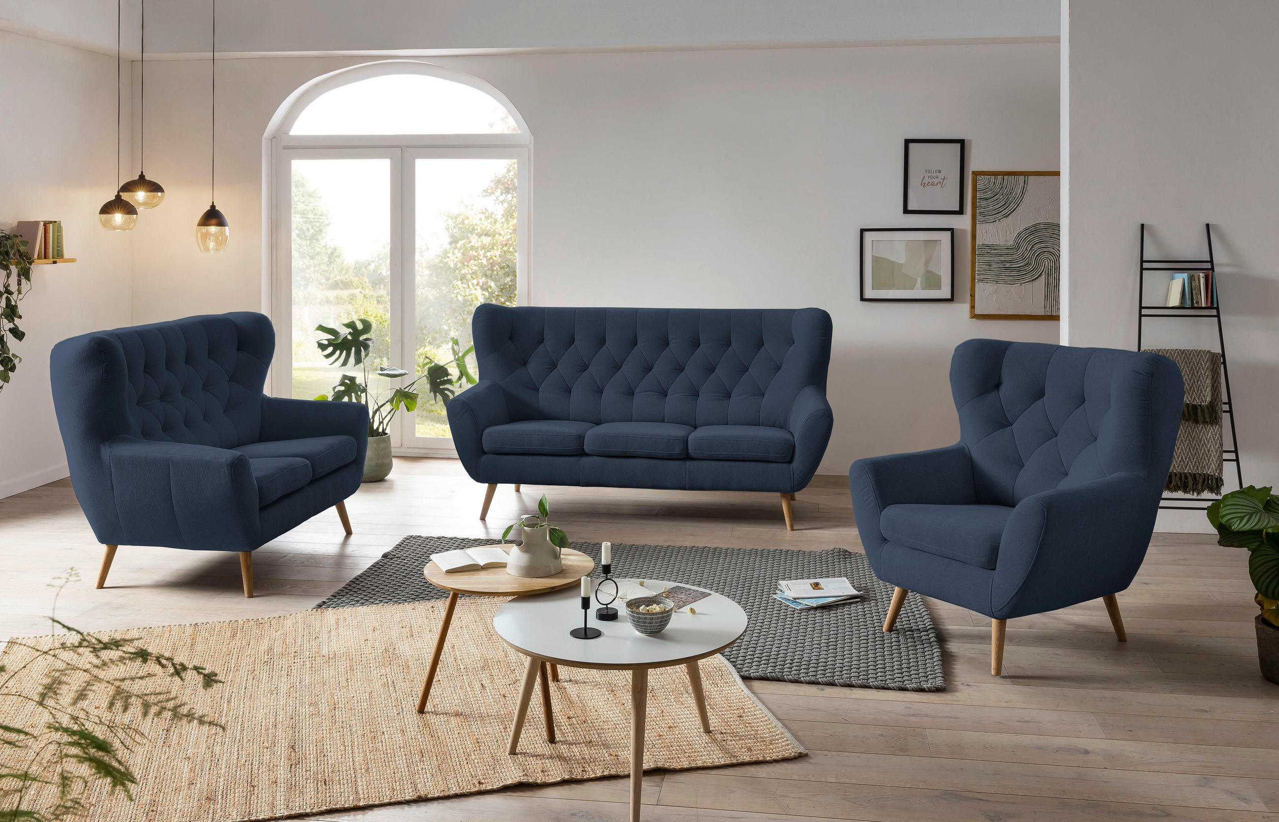 OHRENSESSEL Flachgewebe Dunkelblau  - Eichefarben/Beige, Design, Holz/Textil (88/104/92cm) - Stylife