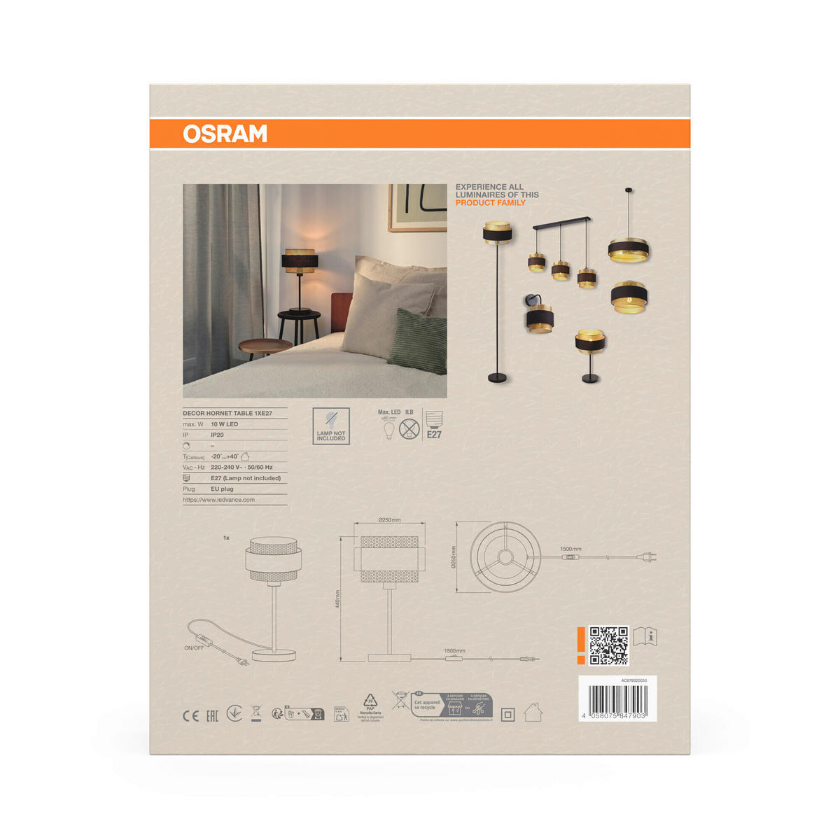 TISCHLEUCHTE 25/44 cm   - Goldfarben/Schwarz, KONVENTIONELL, Textil/Metall (25/44cm) - Osram