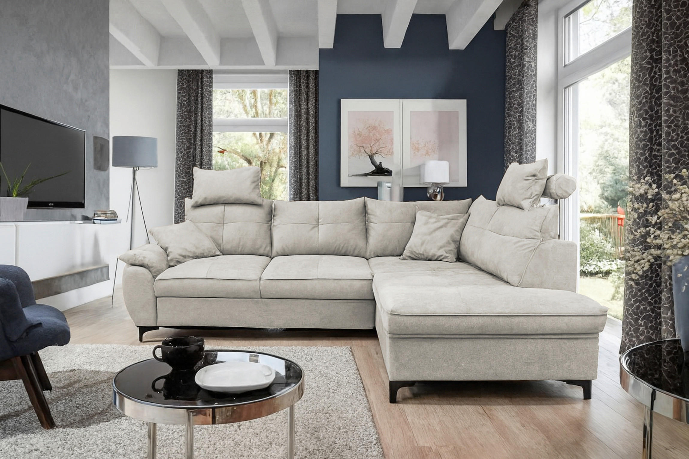 ECKSOFA SOLEI Grau Chenille Zierkissen, Bettkasten, Kopfstütze  - Schwarz/Grau, Design, Kunststoff/Textil (265/203cm) - MID.YOU