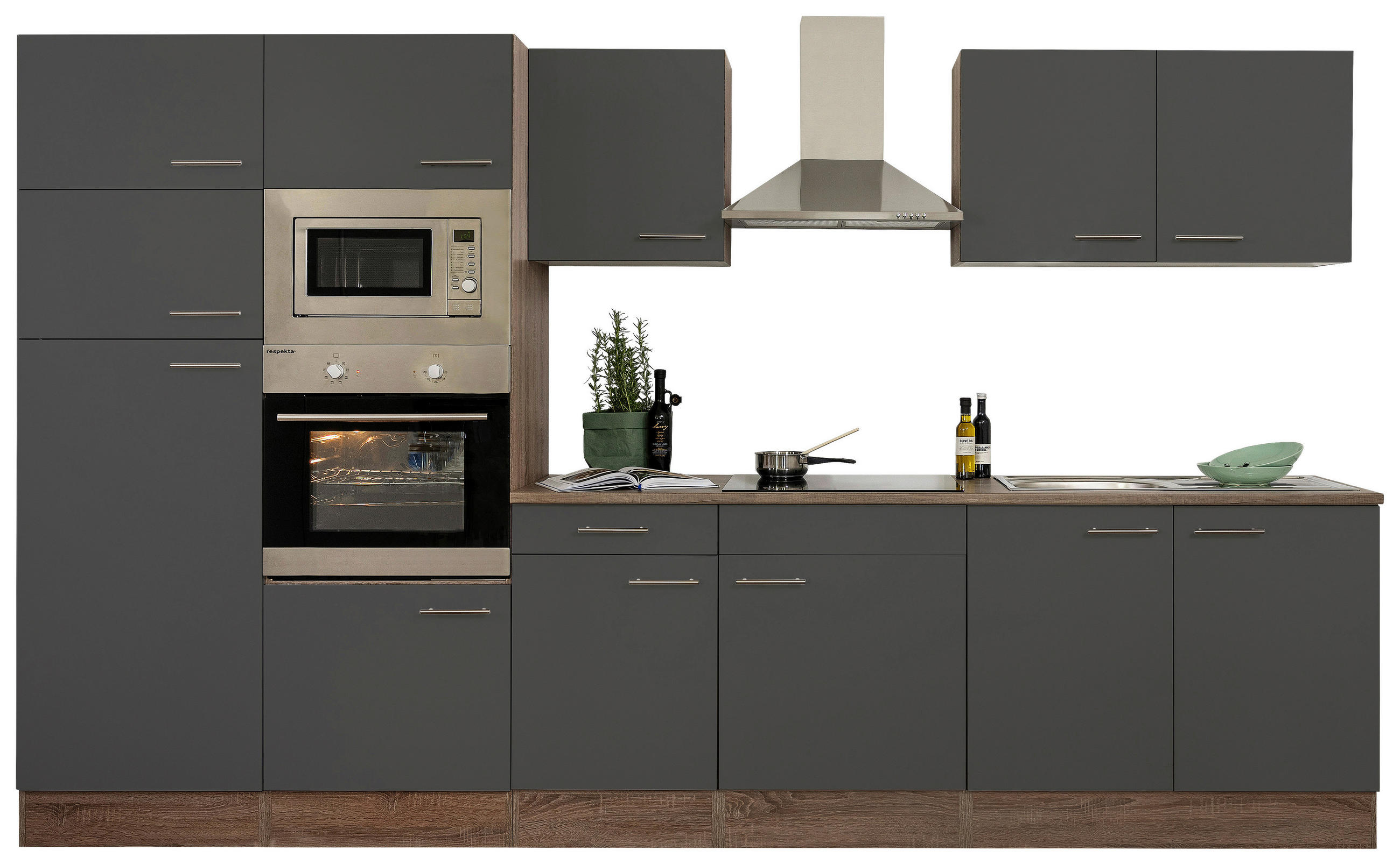 KÜCHENBLOCK 330 cm   in Grau, Eichefarben  - Edelstahlfarben/Eichefarben, Design, Holzwerkstoff/Metall (330cm) - Respekta