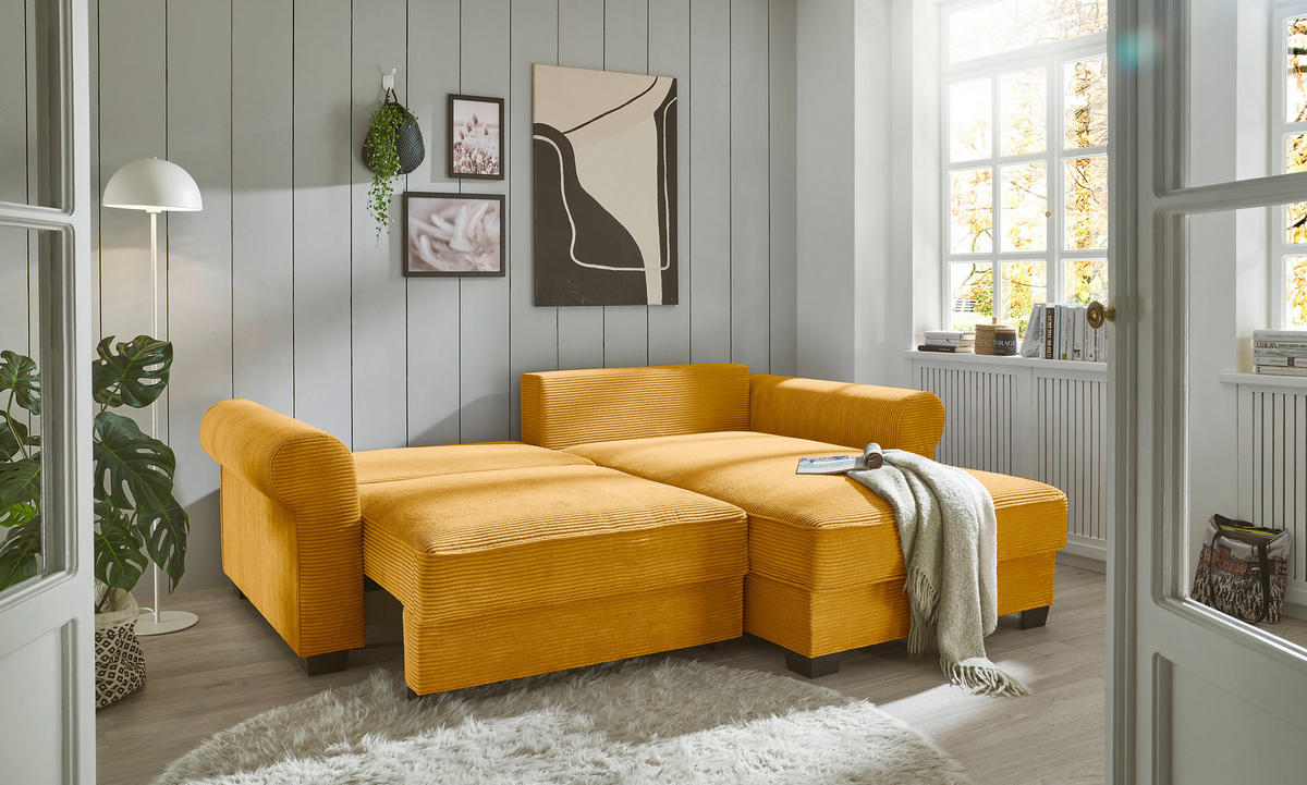 ECKSOFA Gelb Cord  - Gelb/Schwarz, KONVENTIONELL, Kunststoff/Textil (255/185cm) - Hom`in