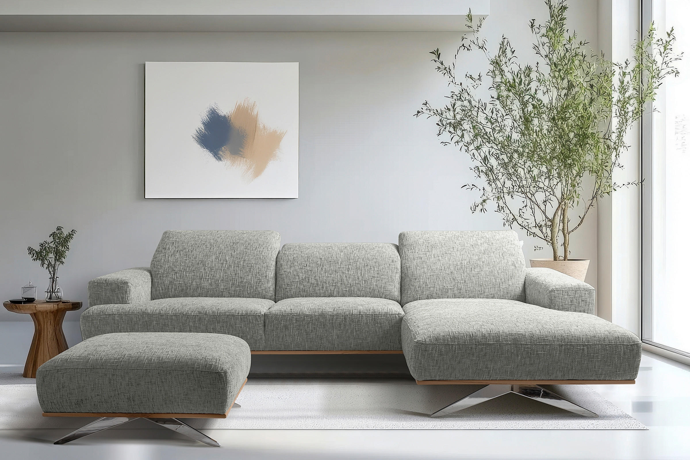 ECKSOFA PORTLAND Grau Struktur Kopfteilverstellung  - Chromfarben/Naturfarben, Design, Holz/Textil (295/187cm) - Livetastic