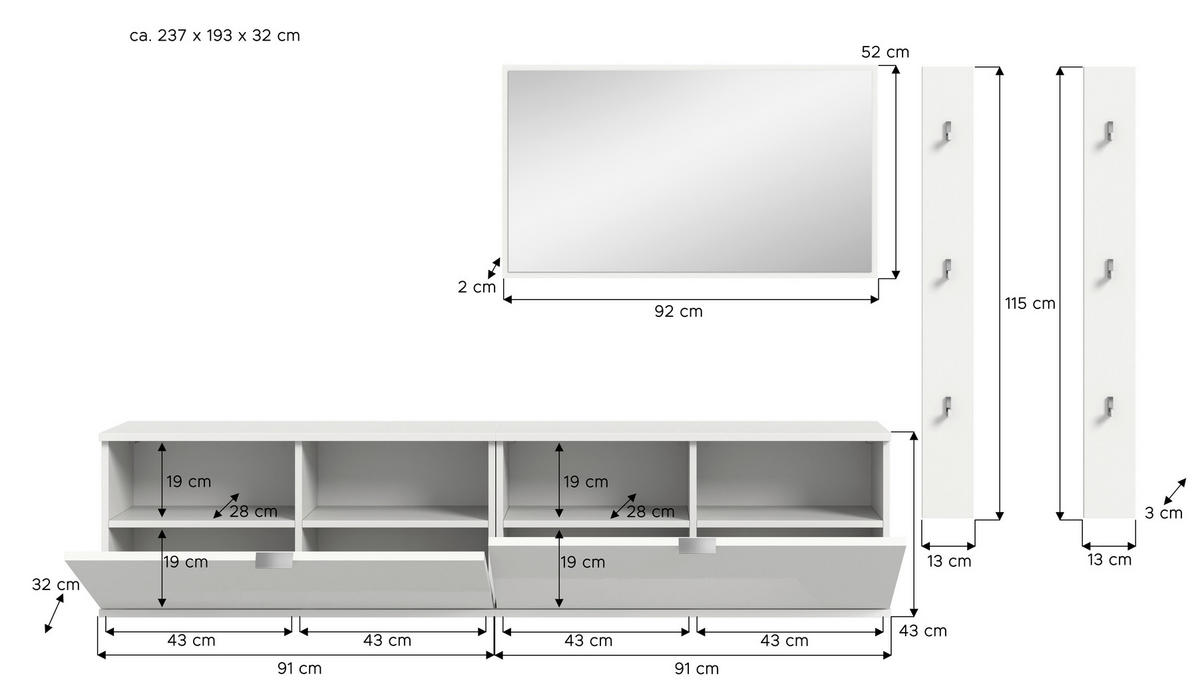 GARDEROBE 5-teilig  in 237/193/32 cm  - Weiß Hochglanz/Weiß, Design, Holzwerkstoff (237/193/32cm) - Livetastic