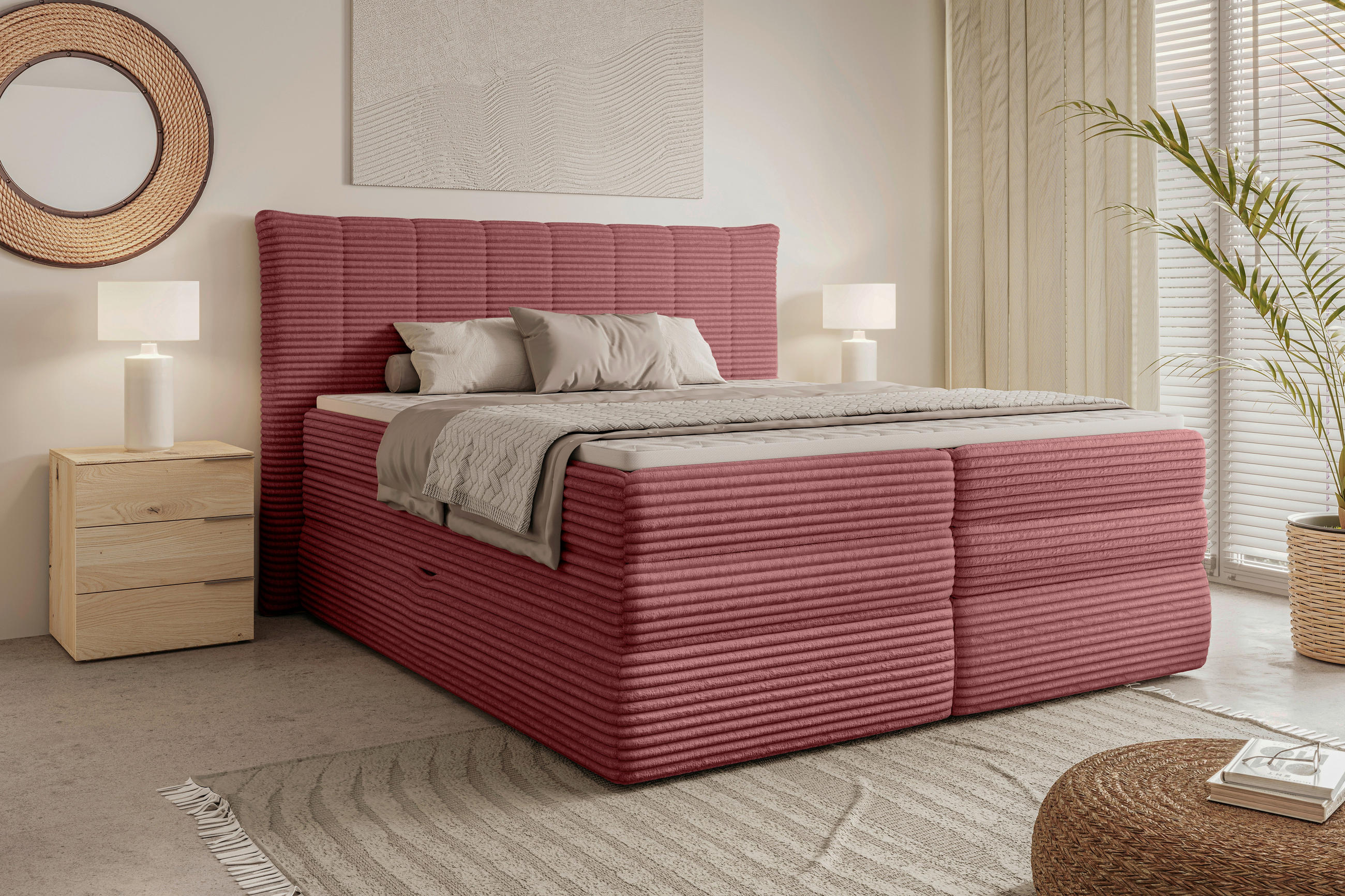 BOXSPRINGBETT 180/200 cm,  in Rosa, gepolstertes Kopfteil, Bettkasten, Topper, Matratzen, H3 + H3 = fest  - Schwarz/Rosa, Design, Kunststoff/Textil (180/200cm) - Chameo