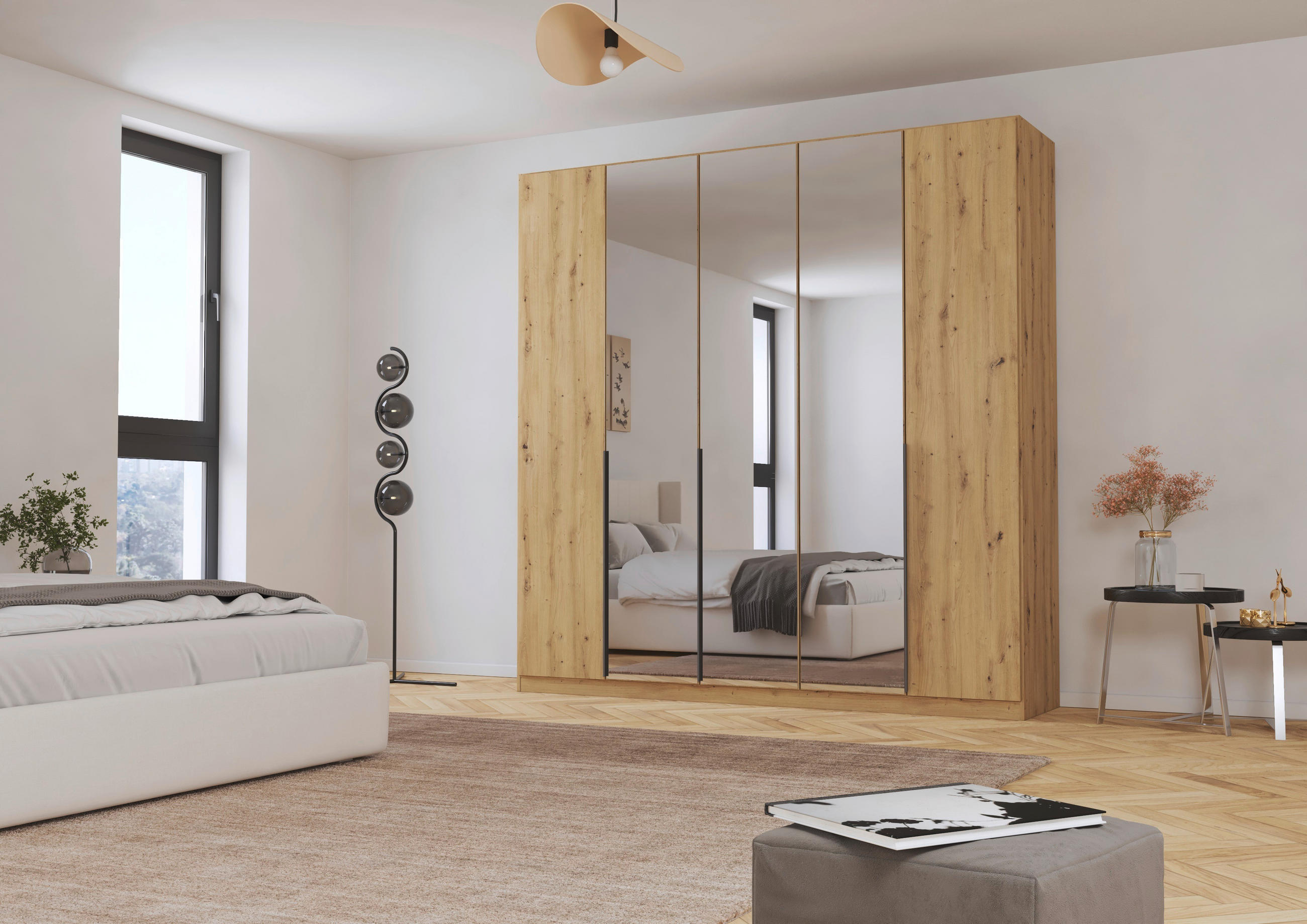 Thumbnail - Rauch Möbel Drehtürenschrank Rauch Alabama, Silber, Dunkelgrau, Eiche Artisan, Metall, 6 Fächer, 226x229x54 cm, Blauer E...