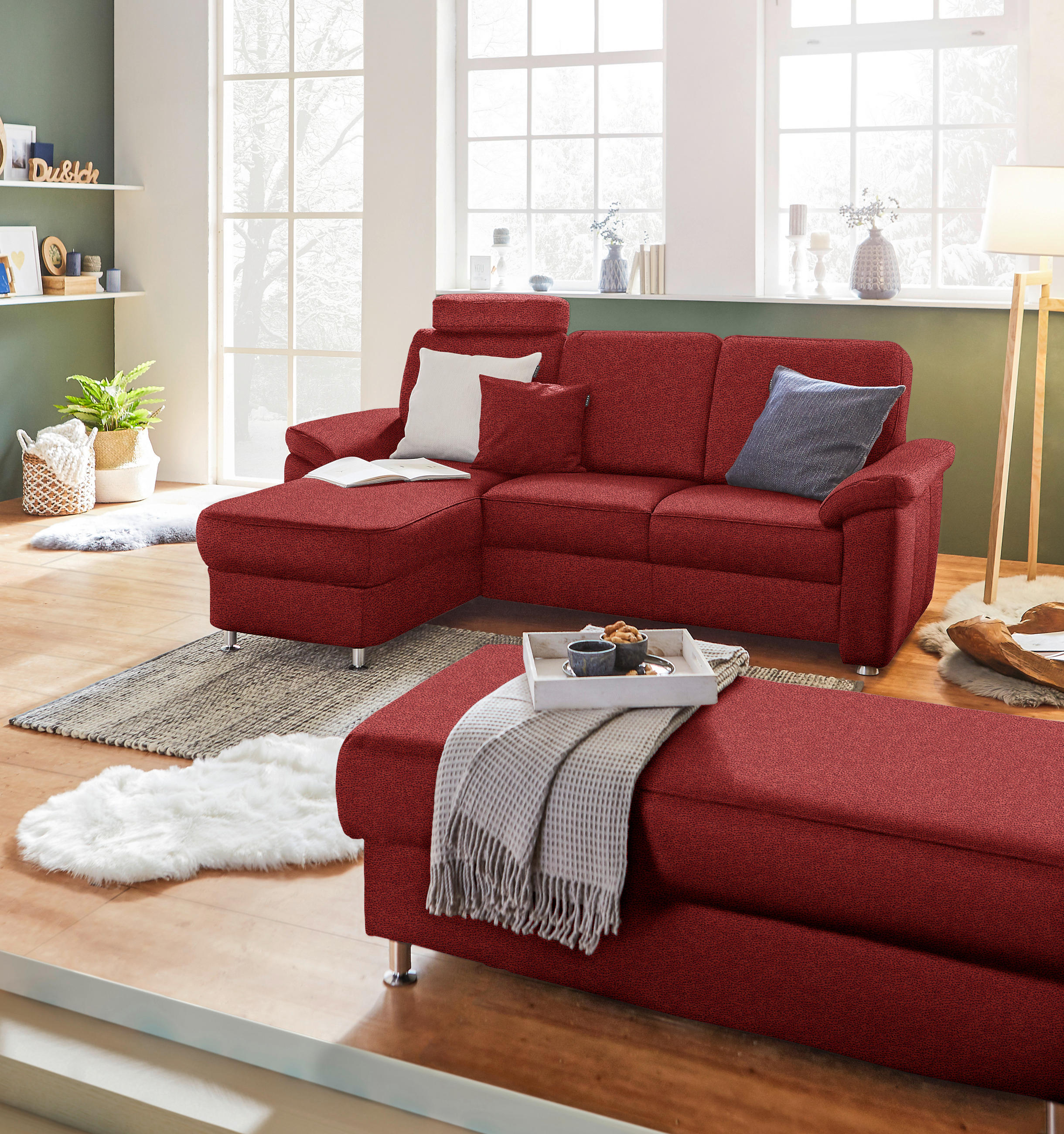 ECKSOFA in Flachgewebe Rot  - Chromfarben/Rot, Konventionell, Textil/Metall (163/220cm) - Beldomo System