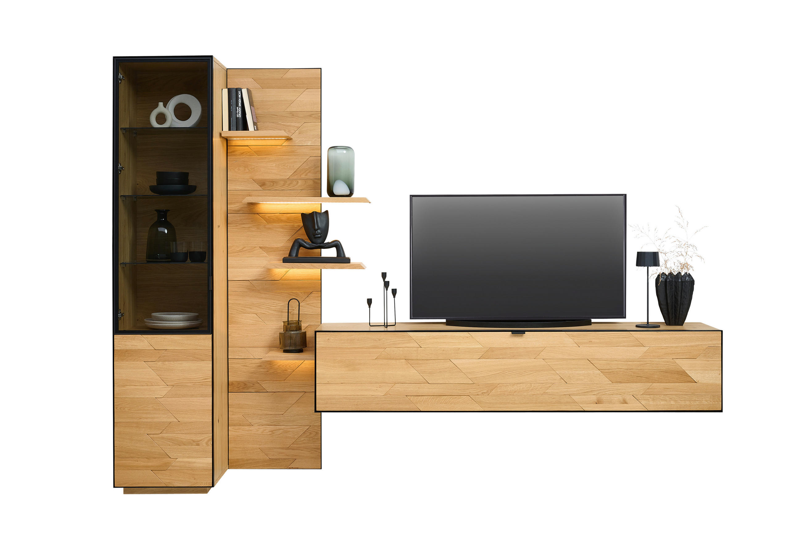 WOHNWAND  in Schwarz, Eichefarben 250/200/42 cm  - Wildeiche/Eichefarben, Natur, Glas/Holz (250/200/42cm) - Linea Natura