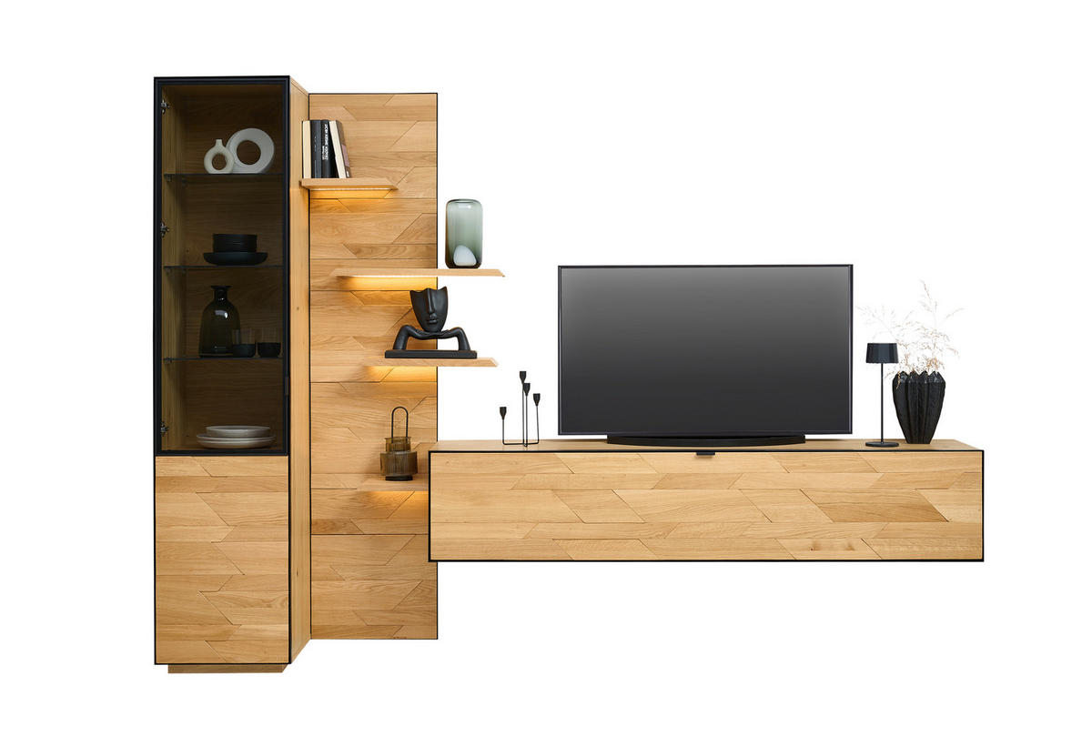 WOHNWAND  in Schwarz, Eichefarben 250/200/42 cm  - Wildeiche/Eichefarben, Natur, Glas/Holz (250/200/42cm) - Linea Natura