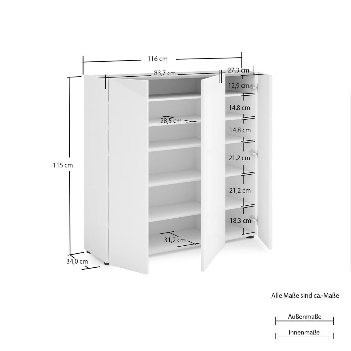 SCHUHSCHRANK Weiß, Eichefarben  - Eichefarben/Schwarz, Design, Holzwerkstoff (116/115/35cm) - Xora