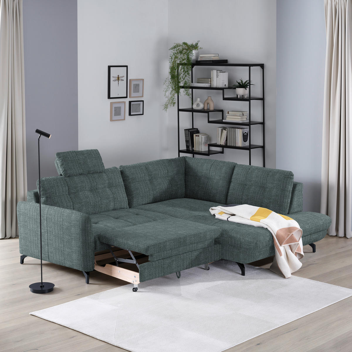 ECKSOFA in Flachgewebe, Leinenoptik Blau  247/208 cm  - Blau/Schwarz, MODERN, Textil/Metall (247/208cm) - Xora