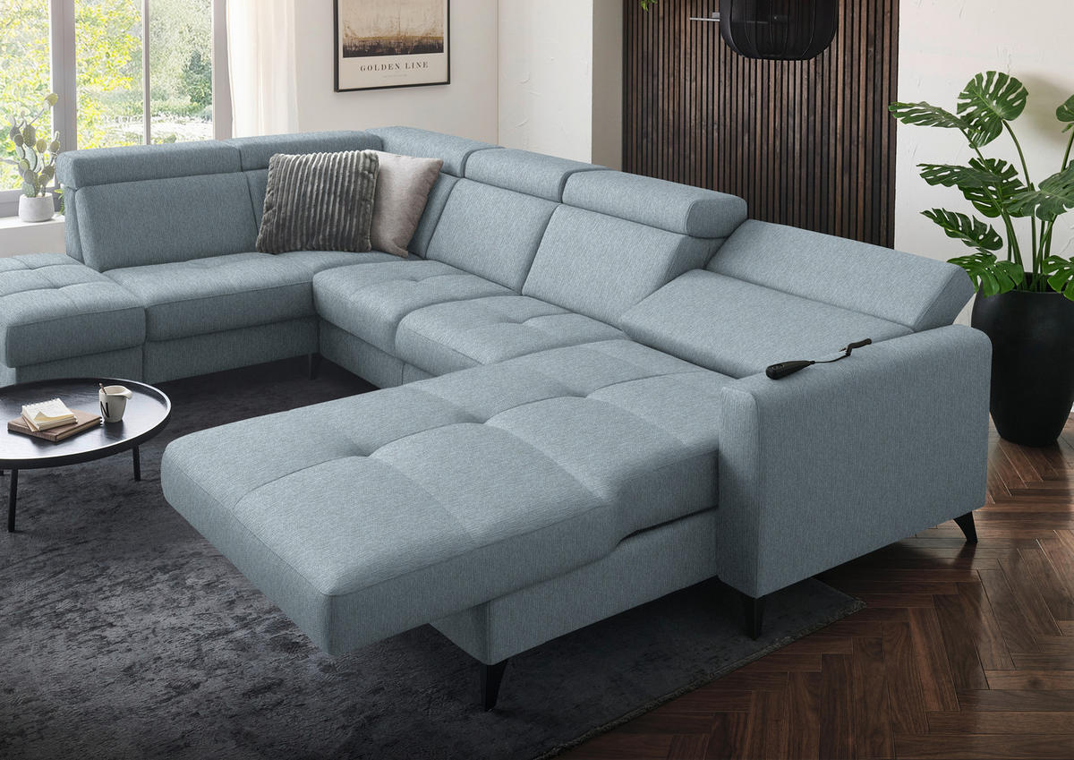 WOHNLANDSCHAFT Flachgewebe Hellblau  - Schwarz/Hellblau, Konventionell, Textil/Metall (215/333/174cm) - Beldomo System