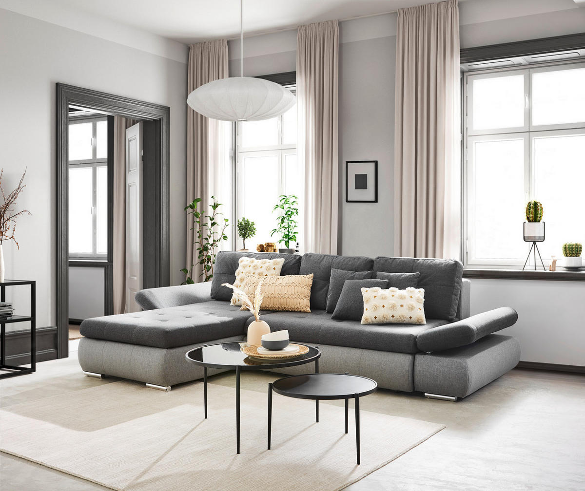 ECKSOFA Hellgrau, Grau Webstoff  - Chromfarben/Dunkelgrau, Design, Kunststoff/Textil (302/187cm) - Carryhome