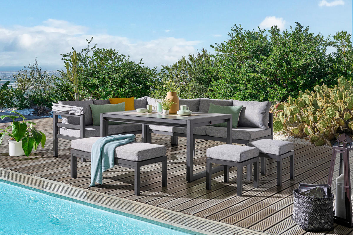 LOUNGEGARNITUR 19-teilig   360/65/152/200 cm Aluminium  - Dunkelgrau/Dunkelbraun, MODERN, Glas/Textil (360/65/152/200cm) - Amatio