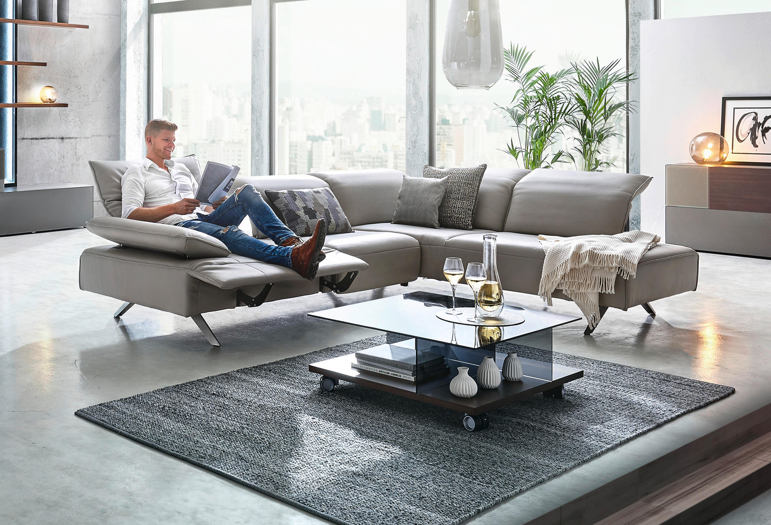 ECKSOFA in Echtleder Silberfarben  230/290 cm  - Dunkelgrau/Anthrazit, Design, Leder/Metall (230/290cm) - Johann Jakob