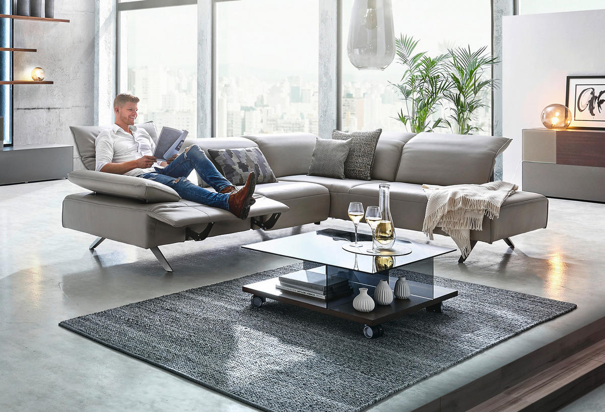 ECKSOFA in Echtleder Silberfarben  230/290 cm  - Dunkelgrau/Anthrazit, Design, Leder/Metall (230/290cm) - Johann Jakob