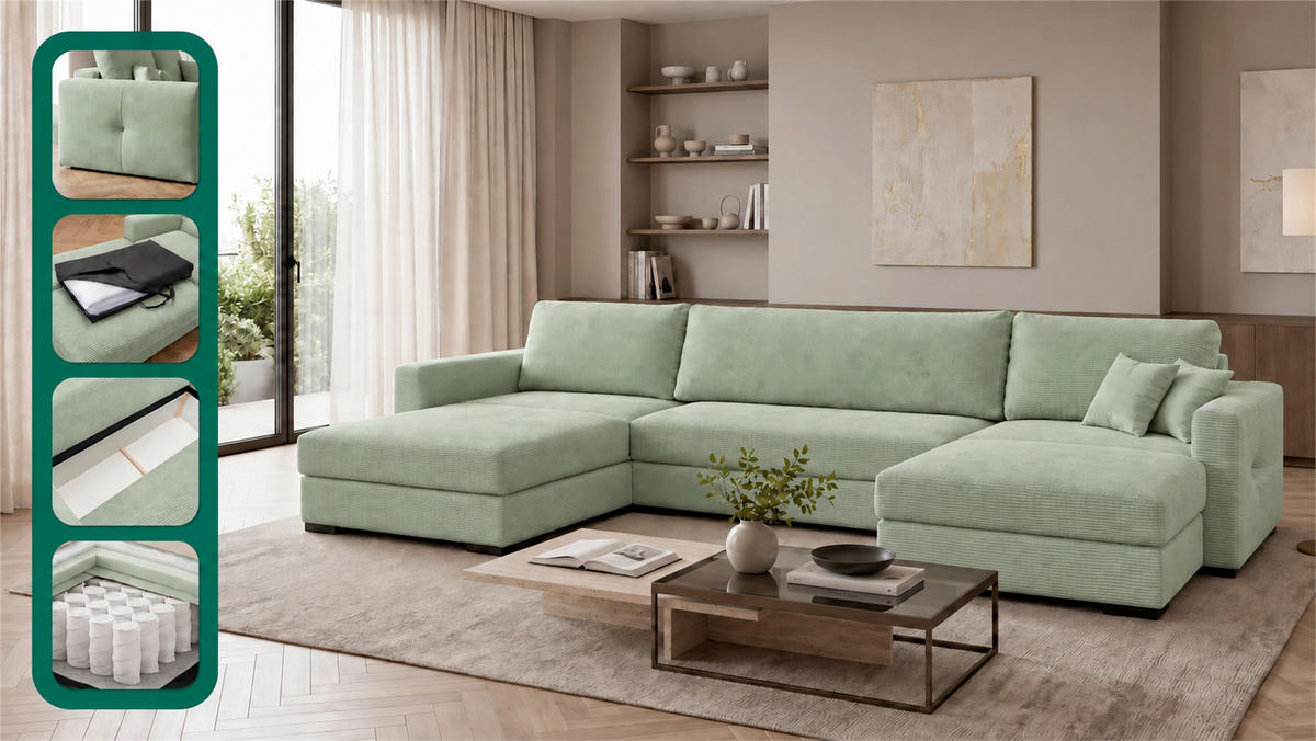 WOHNLANDSCHAFT  Cord Mintgrün  - Schwarz/Mintgrün, Basics, Holz/Holzwerkstoff (379/93/184cm) - MID.YOU