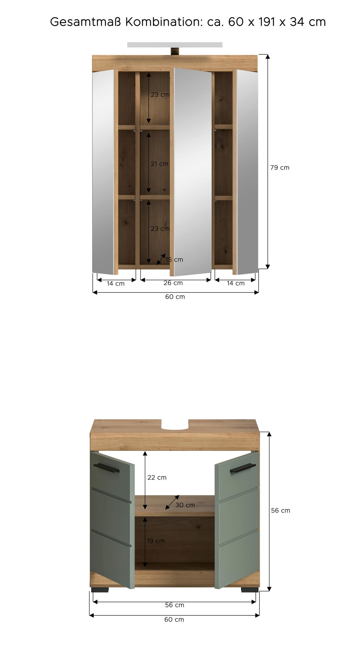 BADEZIMMER 2-teilig  in 60 cm  - Salbeigrün/Schwarz, MODERN, Glas/Holzwerkstoff (60cm) - MID.YOU