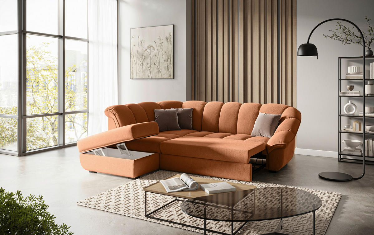 ECKSOFA Terracotta Chenille Bettkasten, Schlaffunktion, Rücken echt  - Terracotta/Schwarz, KONVENTIONELL, Kunststoff/Textil (222/260cm) - Welnova