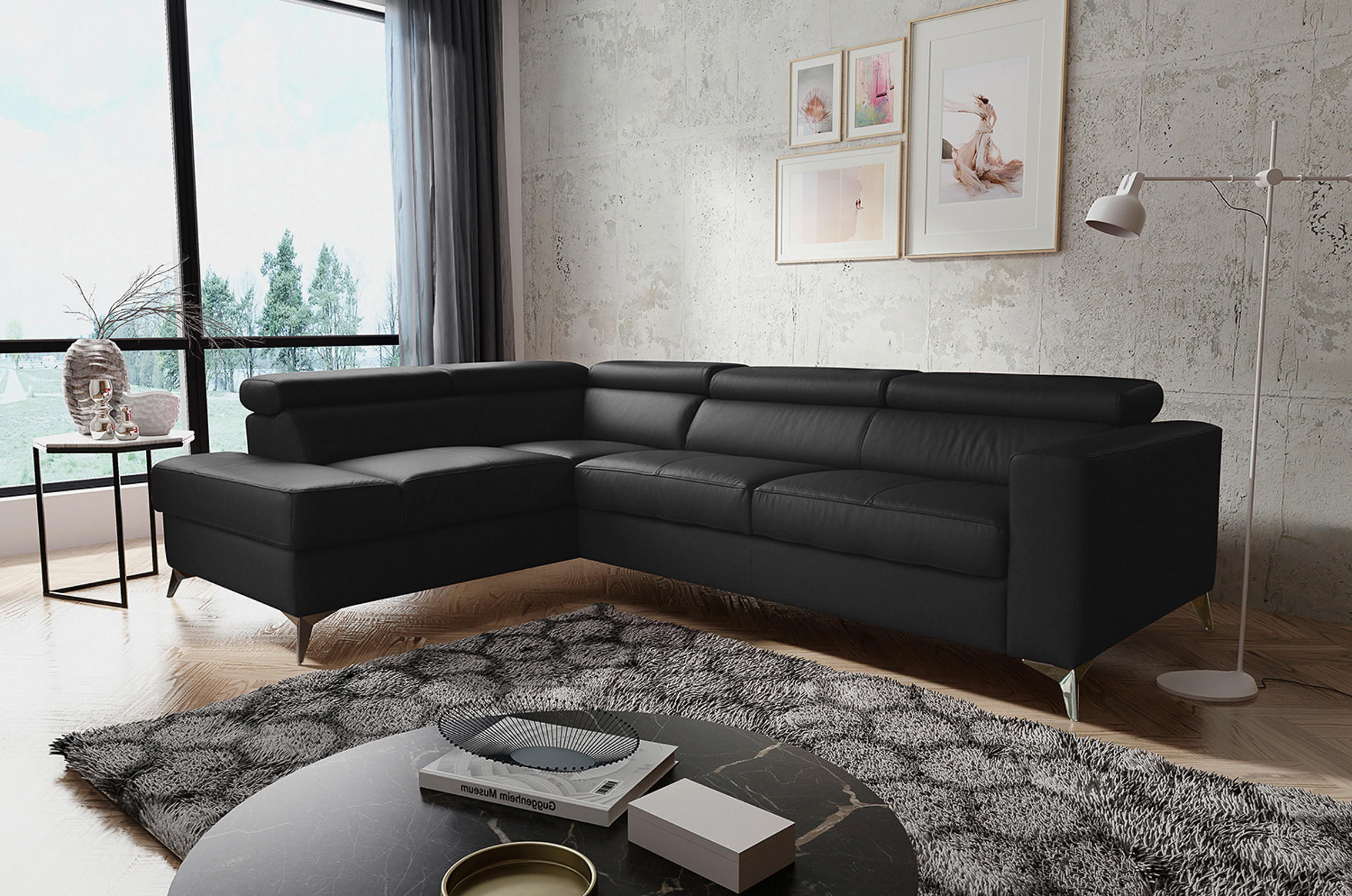 ECKSOFA MONDO Schwarz Echtleder Lederlook  - Chromfarben/Schwarz, Design, Leder/Textil (208/286cm) - Livetastic