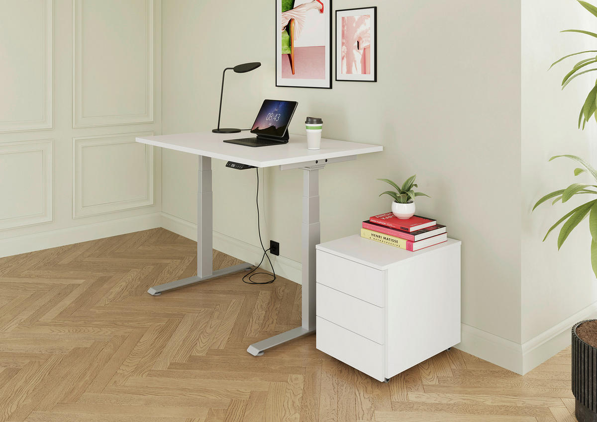 SCHREIBTISCH 140/80/64,5-129,5 cm Silberfarben, Weiß elektrisch höhenverstellbar  - Silberfarben/Weiß, KONVENTIONELL, Holzwerkstoff/Metall (140/80/64,5-129,5cm) - Venda