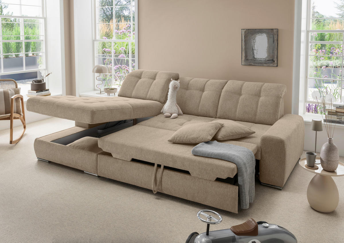 ECKSOFA Chenille Hellbraun  - Chromfarben/Hellbraun, Konventionell, Textil/Metall (186/283cm) - Livetastic