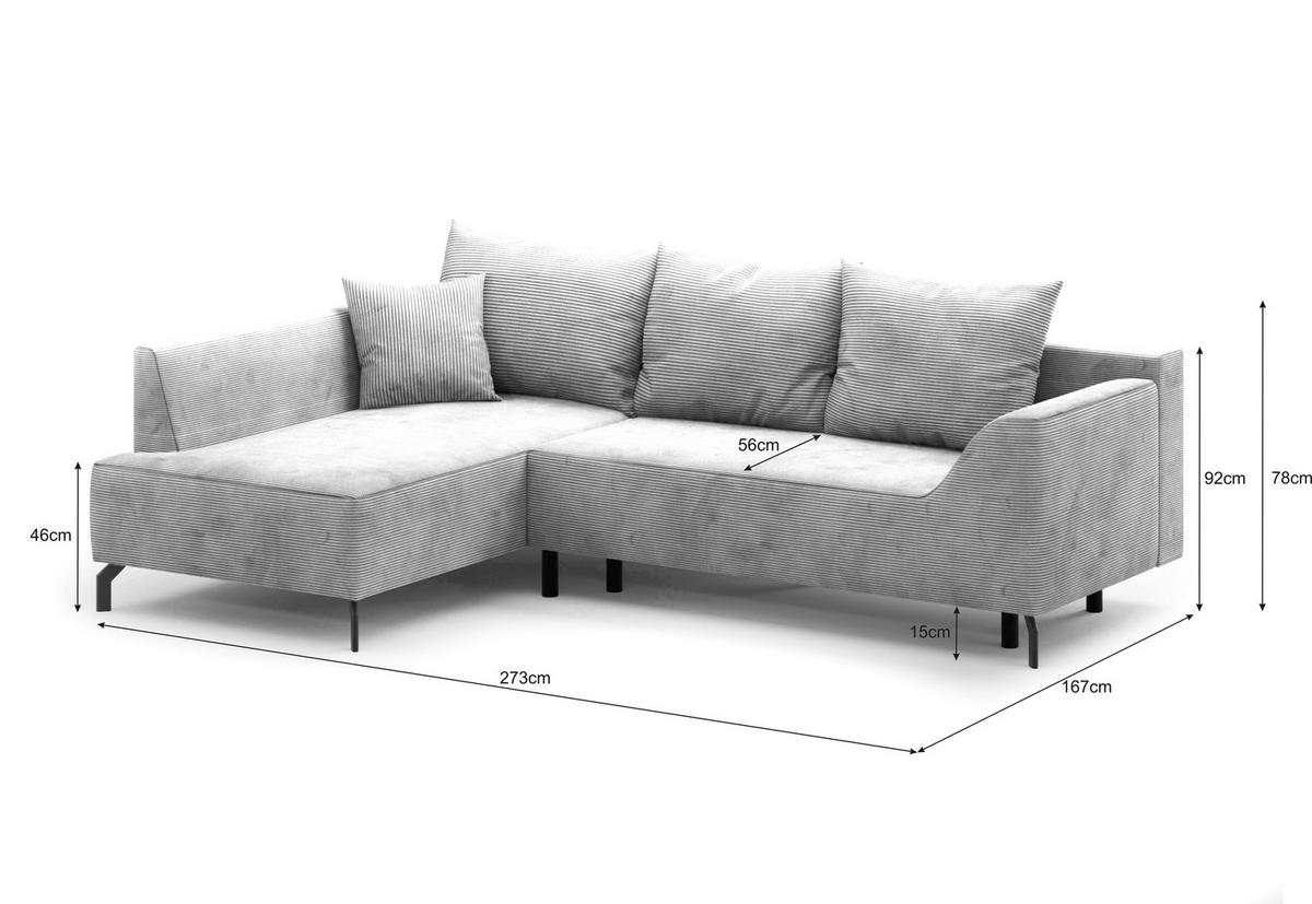ECKSCHLAFSOFA  mit Bettkasten erhältlich, seitenverkehrt erhältlich, Schlafen auf Sitzhöhe, Bettfunktion erhältlich, Rücken echt Cord Silberfarben  - Silberfarben/Schwarz, Design, Textil/Metall (167/273cm) - MID.YOU