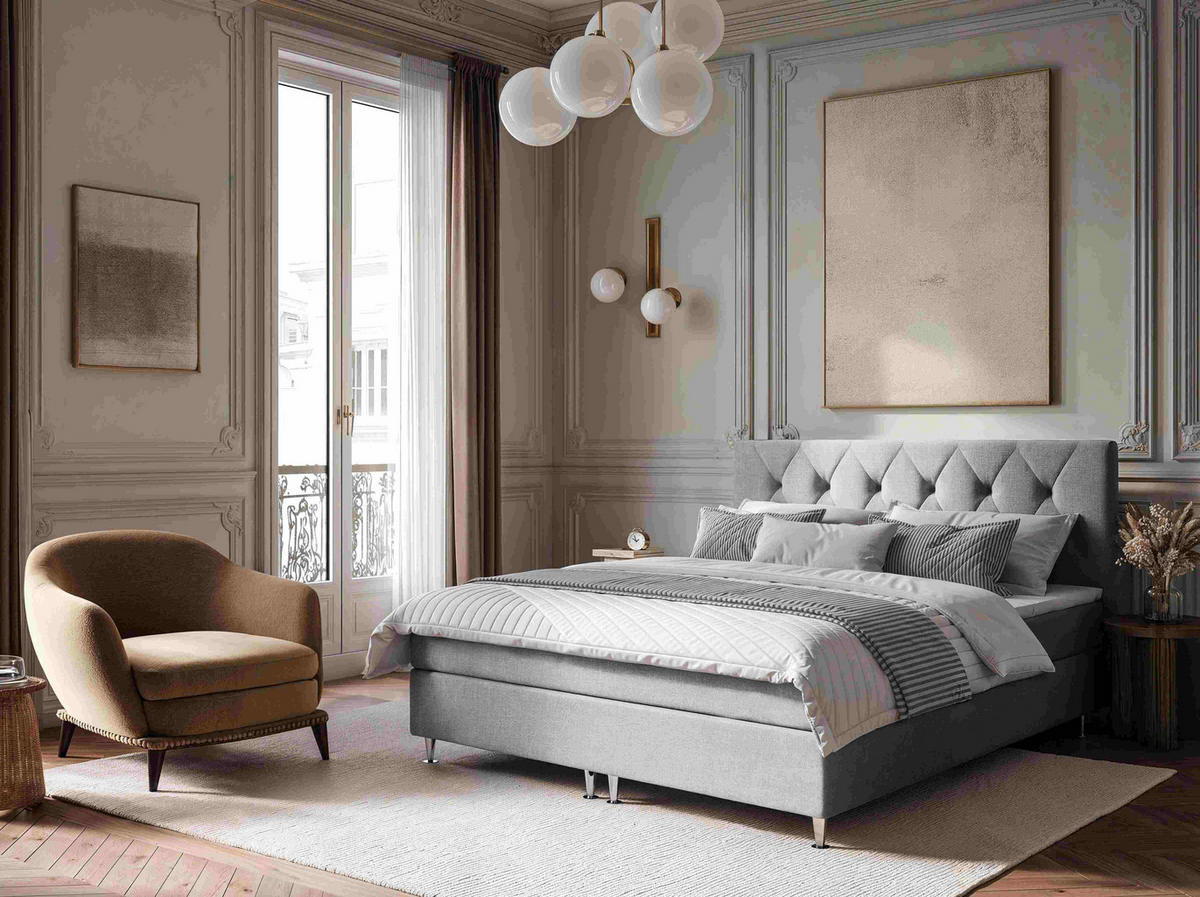BOXSPRINGBETT 140/200 cm  in Hellgrau  - Silberfarben/Hellgrau, KONVENTIONELL, Textil/Metall (140/200cm) - Chameo