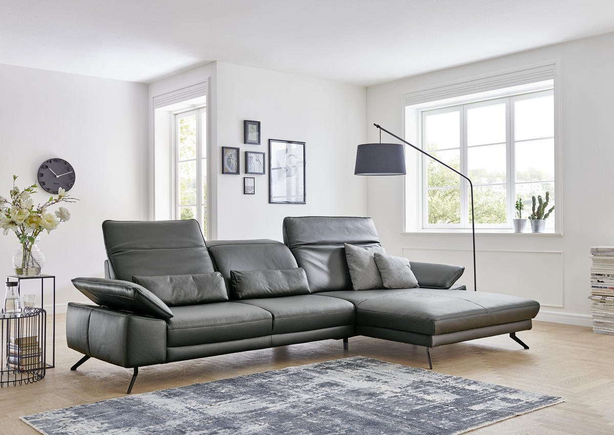 ECKSOFA in Echtleder Anthrazit  - Anthrazit/Schwarz, Design, Leder/Metall (328/193cm) - Dieter Knoll
