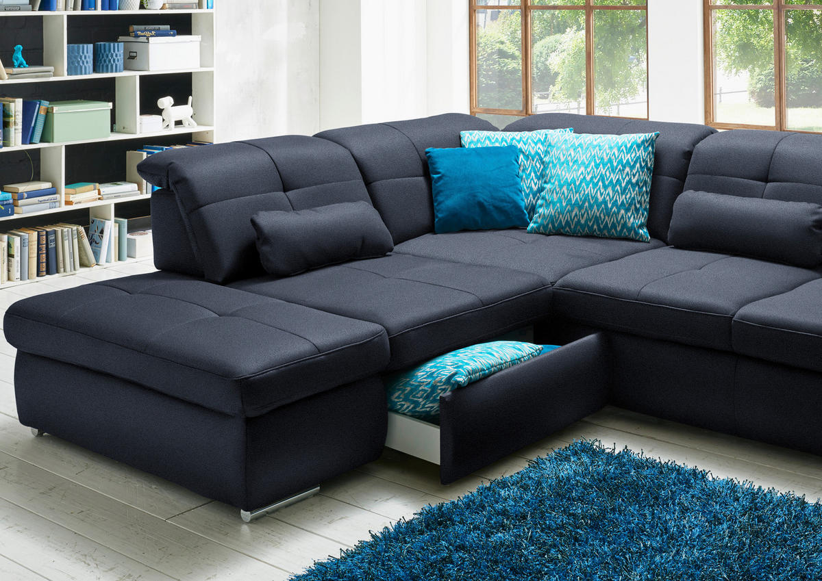 WOHNLANDSCHAFT  in Mikrofaser Blau  - Chromfarben/Blau, Design, Holzwerkstoff/Textil (260/371/195cm) - Beldomo Style