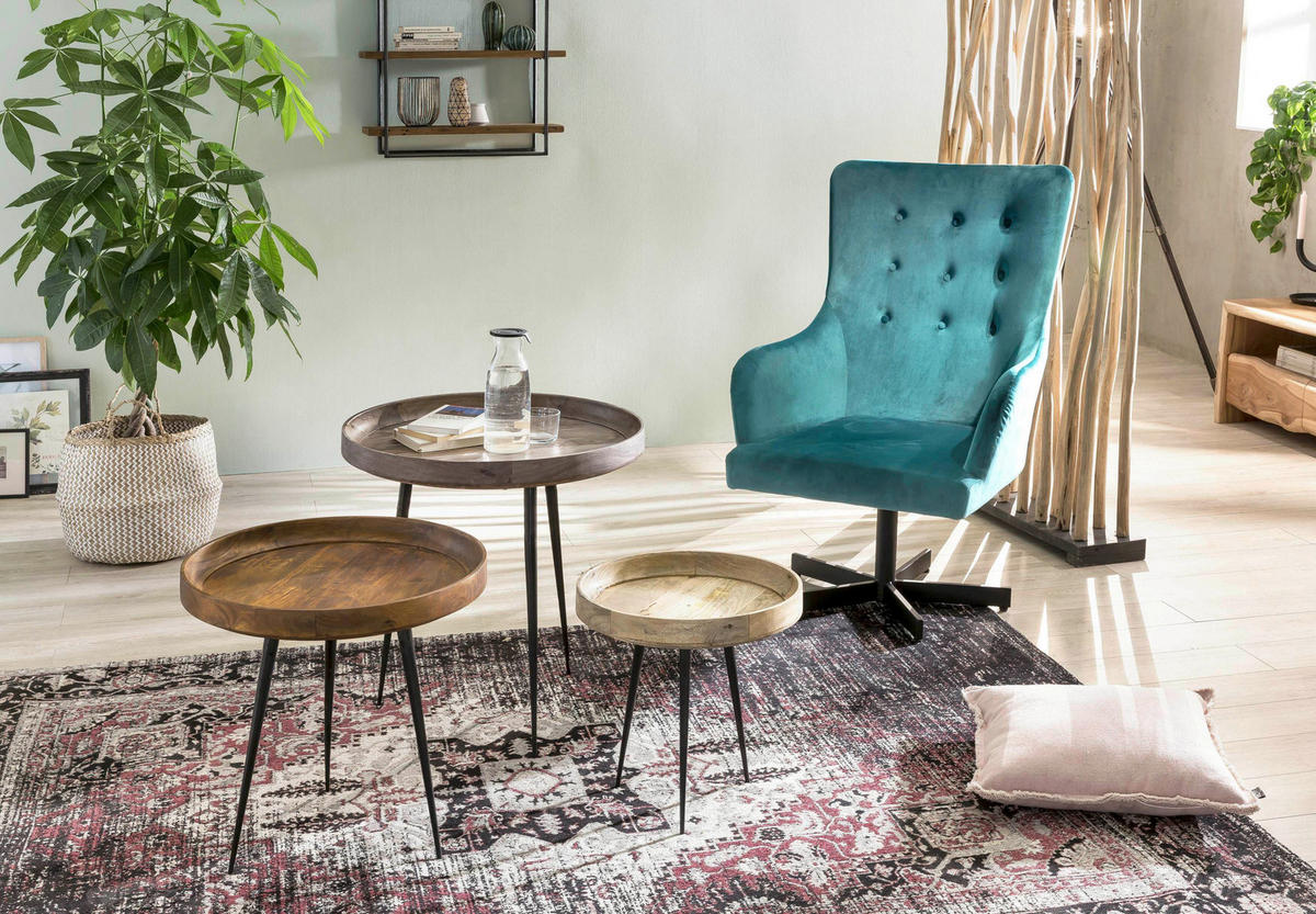 BEISTELLTISCH 50/50/52 cm Mangoholz massiv Naturfarben, Schwarz rund  - Schwarz/Naturfarben, Design, Holz/Metall (50/50/52cm) - MID.YOU