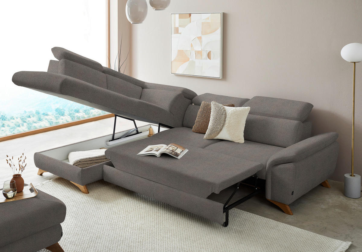 ECKSOFA in Flachgewebe Graubraun  - Eichefarben/Graubraun, Modern, Holz/Textil (212/287cm) - Valnatura