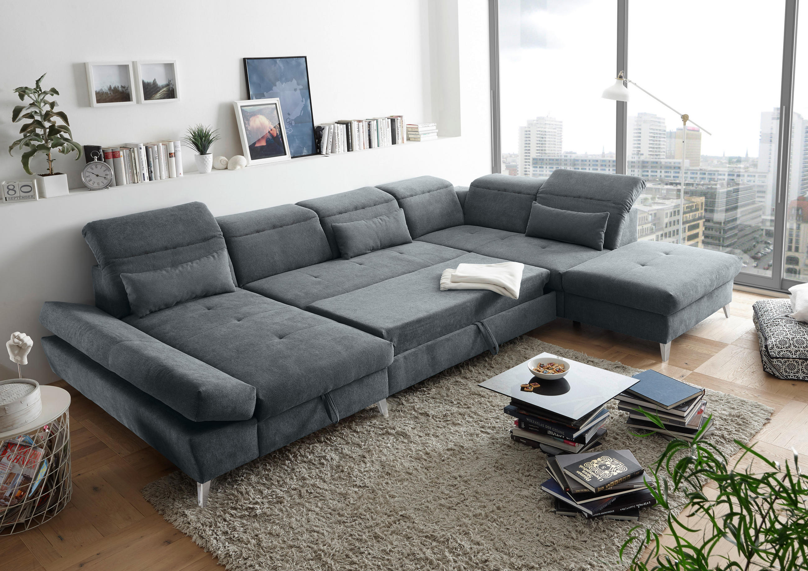SEDEŽNA GARNITURA, mikrovelur antracit  - barve kroma/antracit, Design, umetna masa/tekstil (350/73-96/245cm) - Hom`in