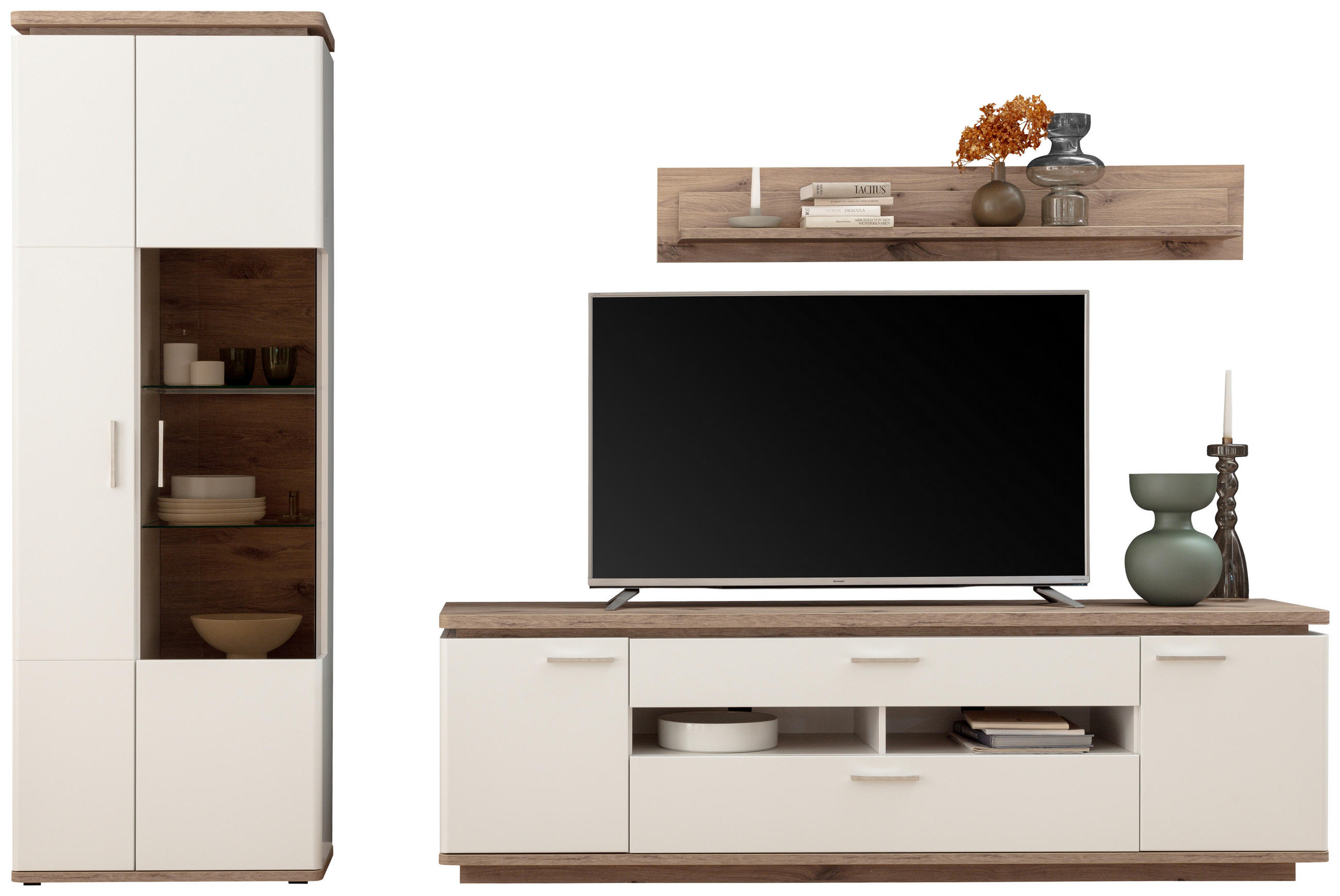 WOHNWAND 3-teilig  in Weiss, Eichefarben 295/208/50 cm  - Weiss/Eichefarben, Design, Glas/Holzwerkstoff (295/208/50cm) - Livetastic