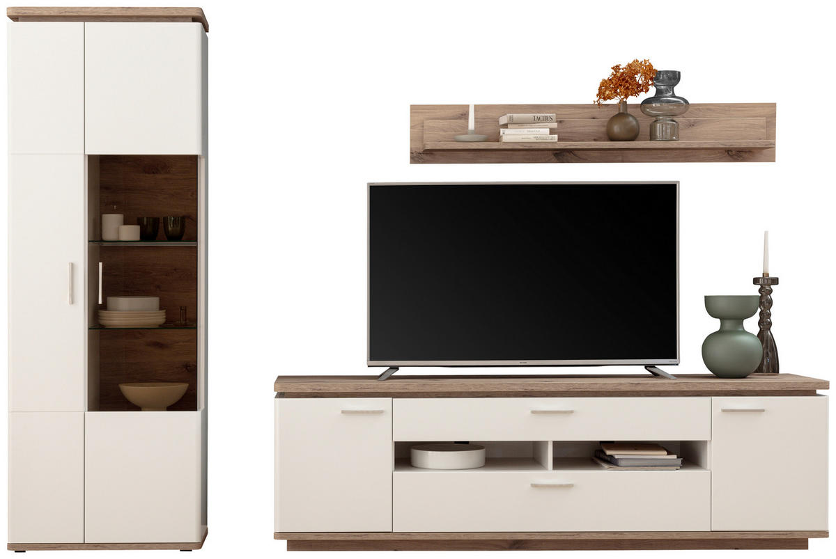 WOHNWAND 3-teilig  in Weiss, Eichefarben 295/208/50 cm  - Weiss/Eichefarben, Design, Glas/Holzwerkstoff (295/208/50cm) - Livetastic
