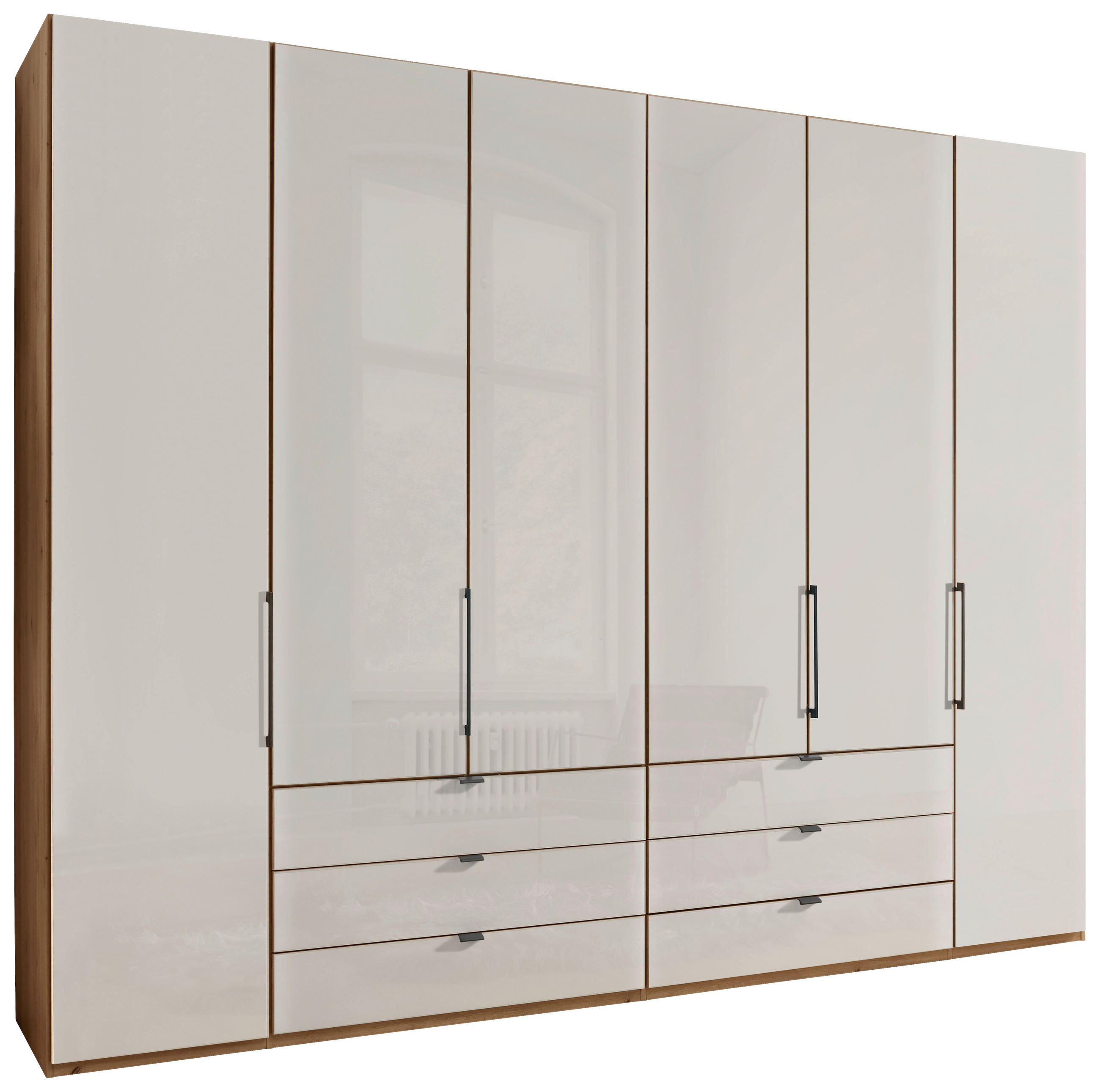 DREHTÜRENSCHRANK 300/216/58 cm 6-türig Champagner, Eiche Bianco  - Schieferfarben/Eiche Bianco, KONVENTIONELL, Glas/Holzwerkstoff (300/216/58cm) - Dieter Knoll