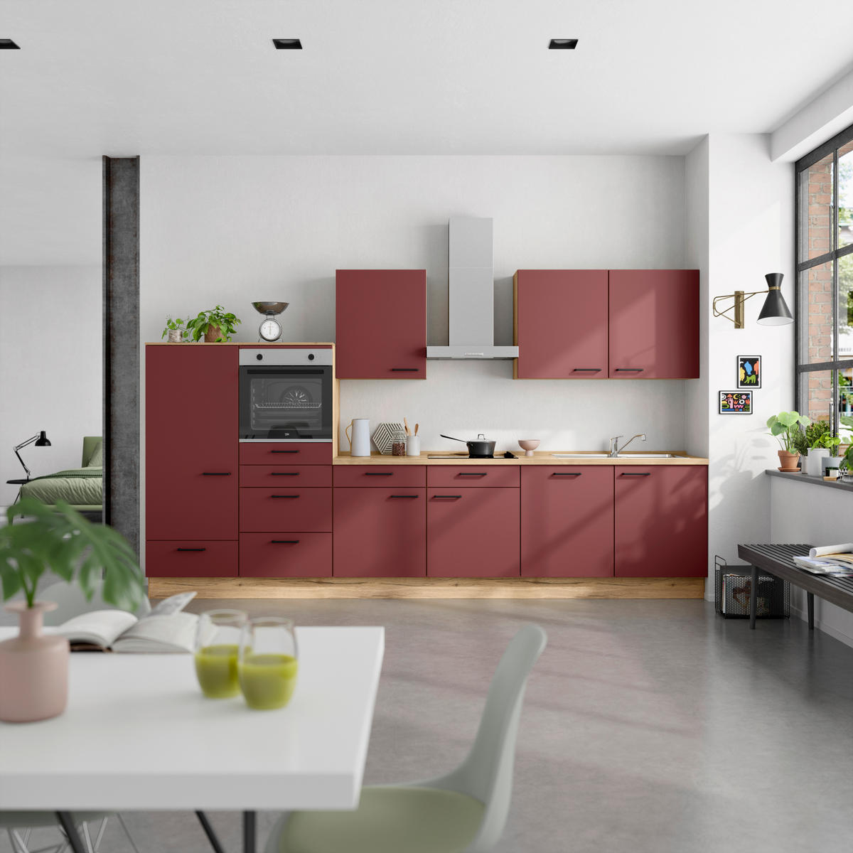 KÜCHENLEERBLOCK 360 cm   in Rot, Eichefarben  - Eichefarben/Rot, MODERN, Holzwerkstoff/Metall (360cm) - Nobilia