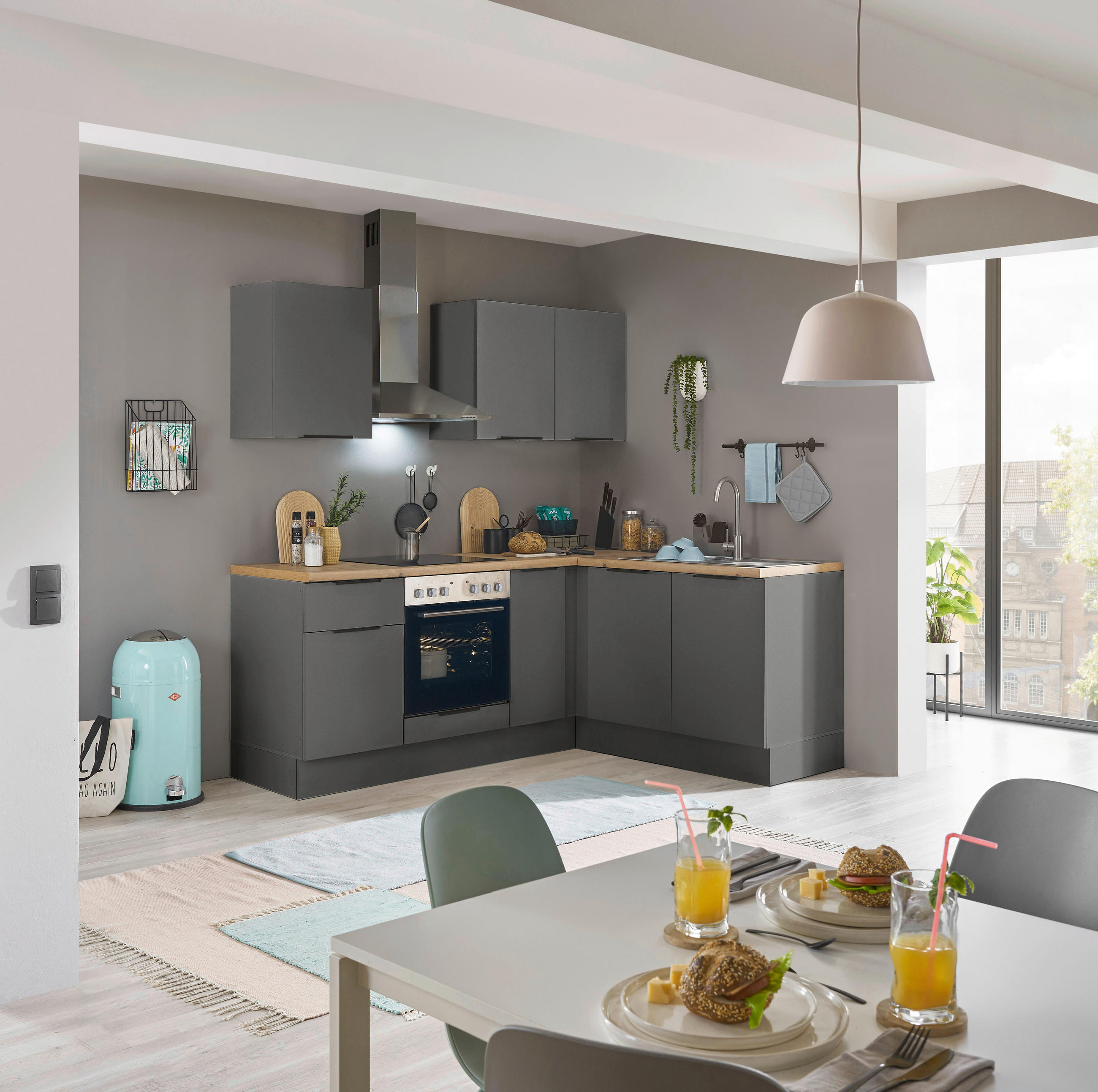 ECKKÜCHE 210/165 cm  in Graphitfarben  - Schwarz/Graphitfarben, Basics, Holzwerkstoff/Metall (210/165cm) - Carryhome