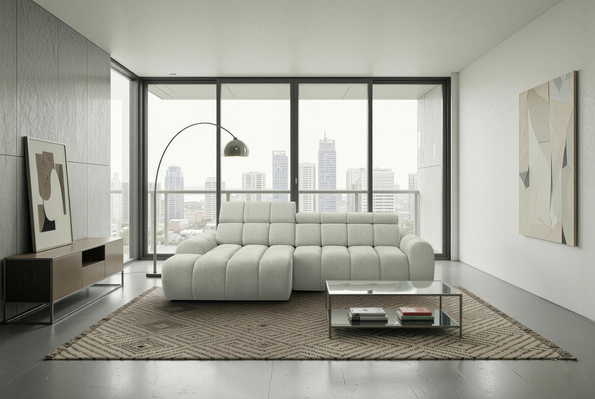 ECKSOFA Naturfarben Chenille Bettkasten, Rücken echt, Relaxfunktion, Kopfteilverstellung  - Schwarz/Naturfarben, Design, Kunststoff/Textil (152/290cm) - Stylife