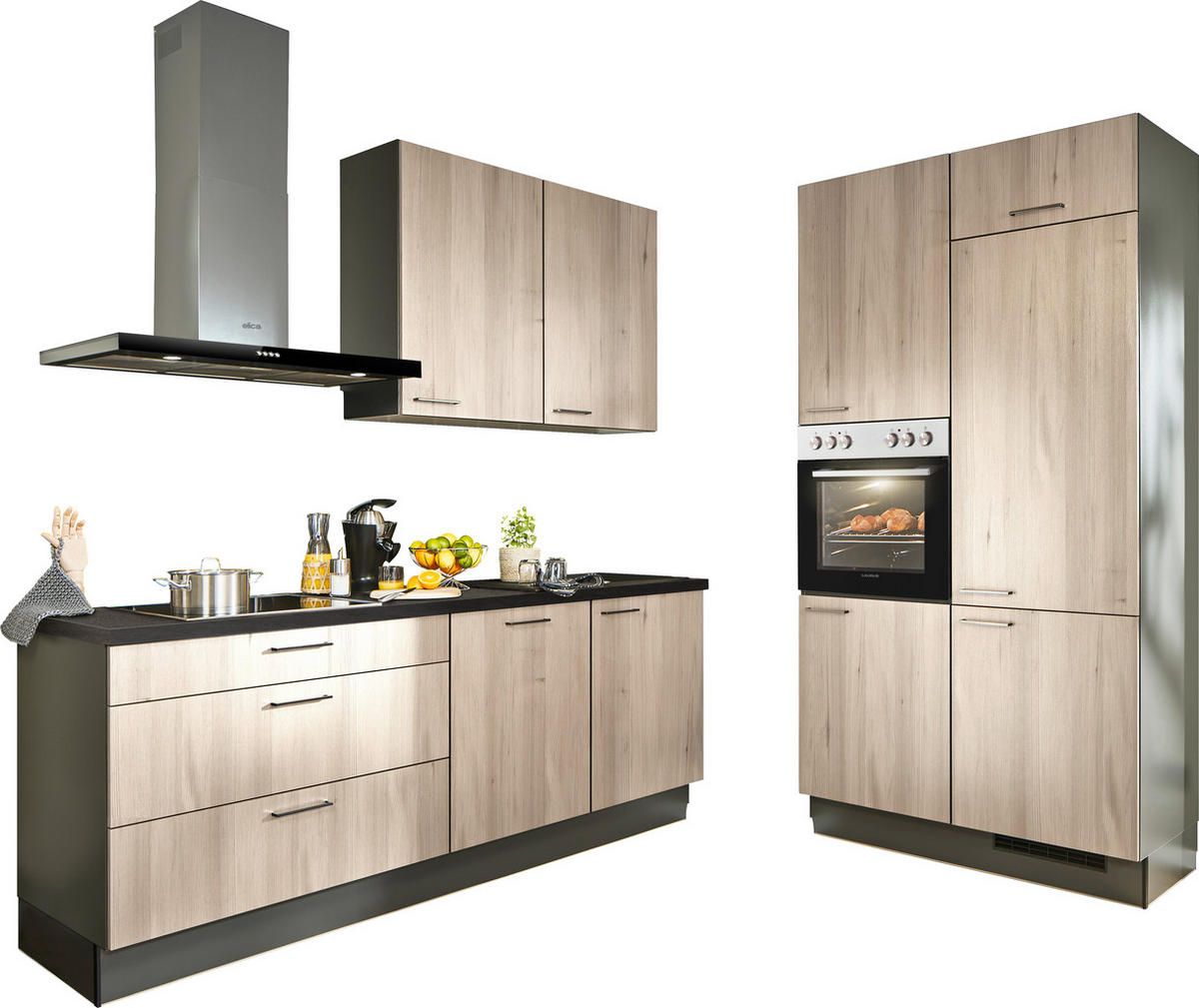 ECKKÜCHE 220/120 cm  in Graphitfarben, Schwarz, Tannenholzfarben  - Tannenholzfarben/Schwarz, Design, Holzwerkstoff/Metall (220/120cm) - Xora