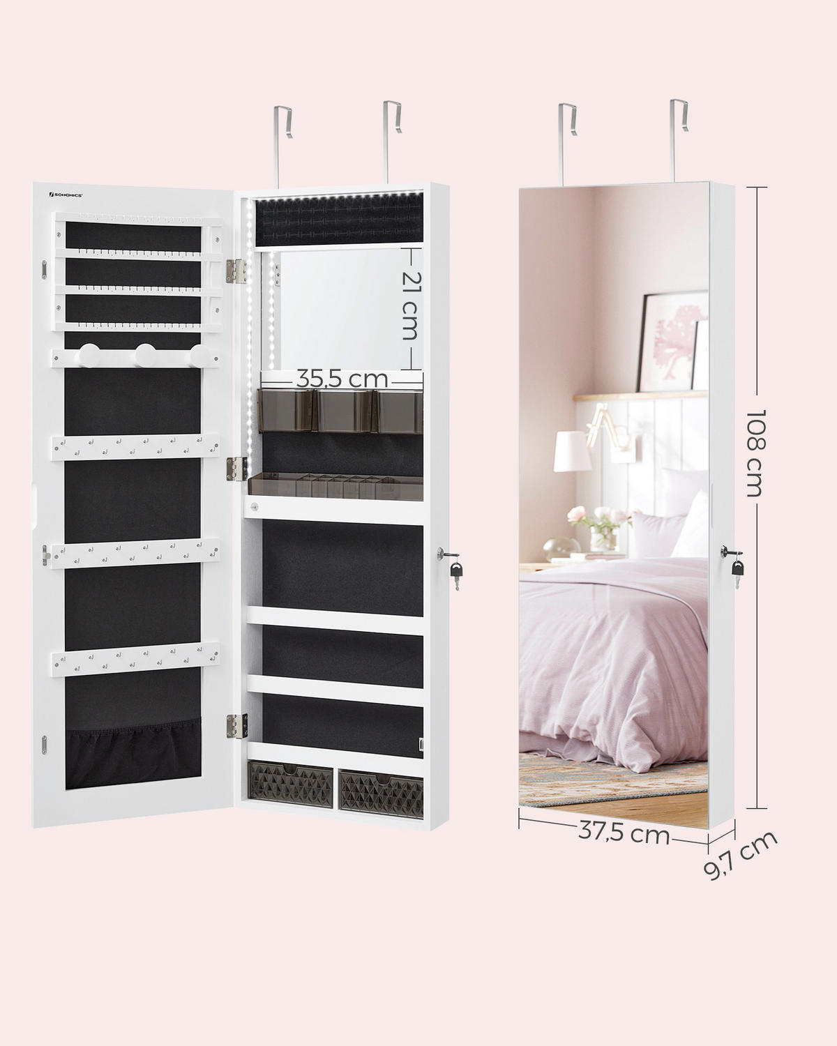 SCHMUCKSCHRANK 37,5/108/9,7 cm  - Roségold/Weiß, LIFESTYLE, Glas/Holzwerkstoff (37,5/108/9,7cm)