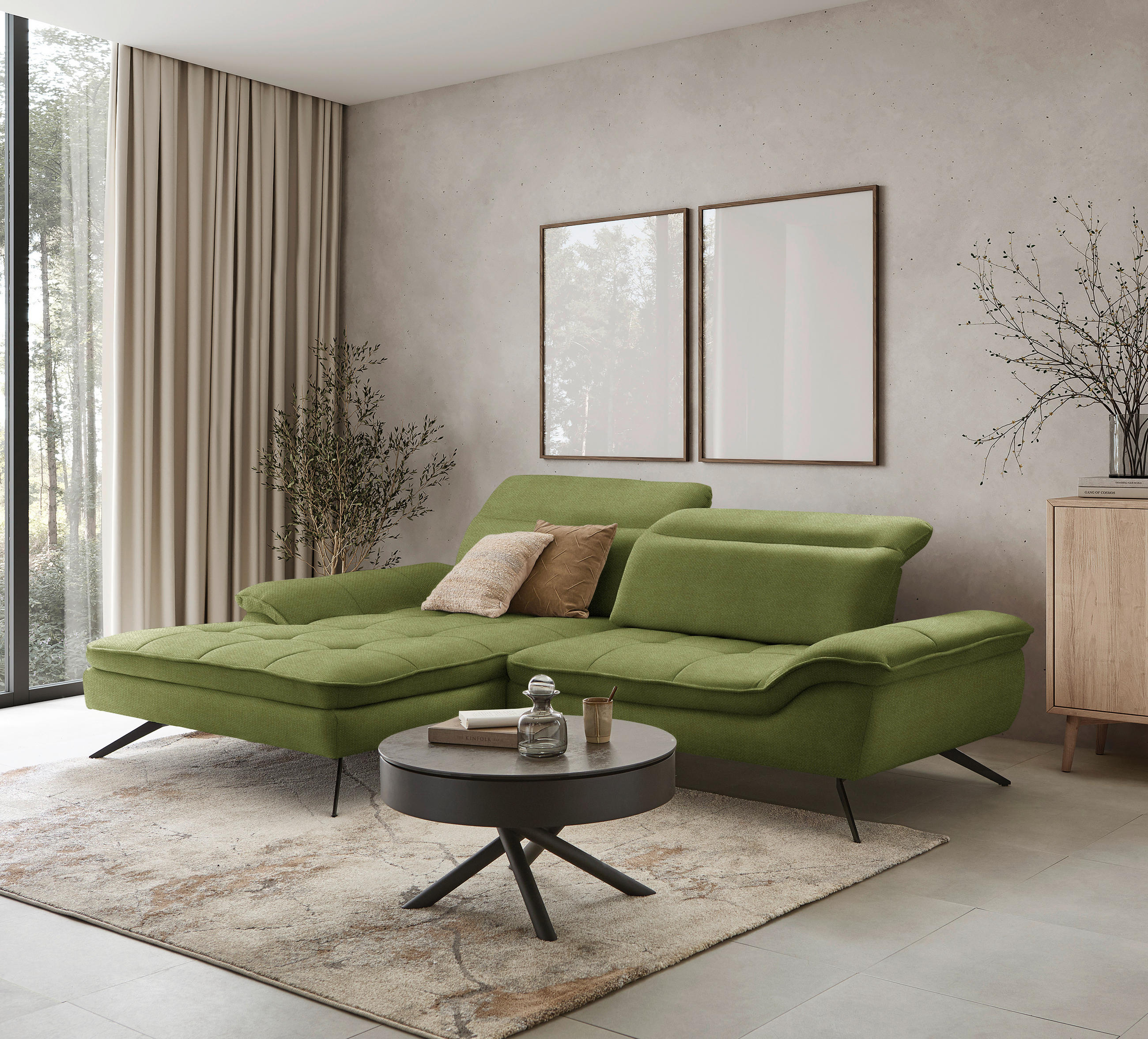 ECKSOFA in Webstoff Grün  179-202/288 cm  - Schwarz/Grün, Design, Textil/Metall (179-202/288cm) - Stylife