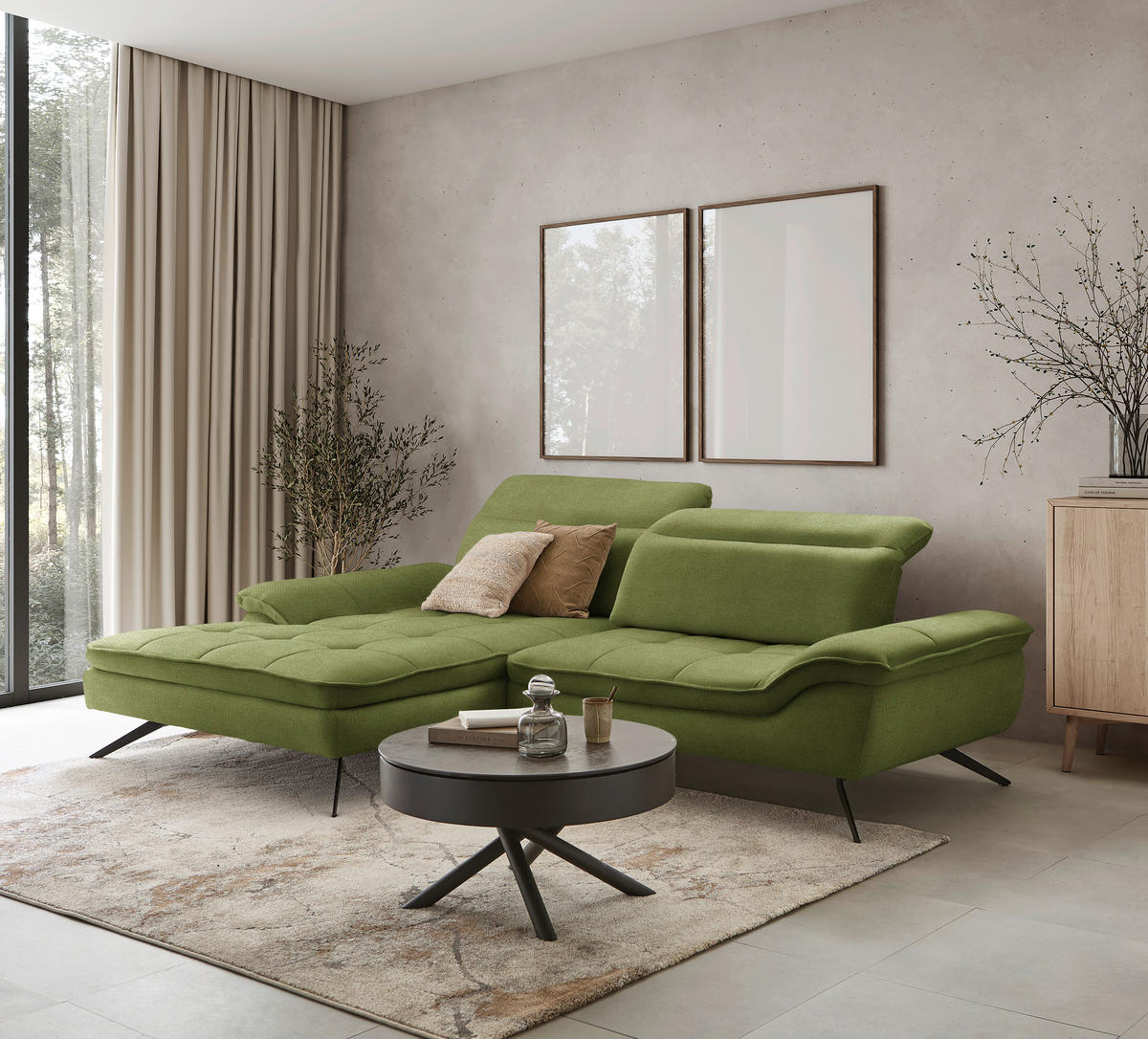 ECKSOFA in Webstoff Grün  179-202/288 cm  - Schwarz/Grün, Design, Textil/Metall (179-202/288cm) - Stylife