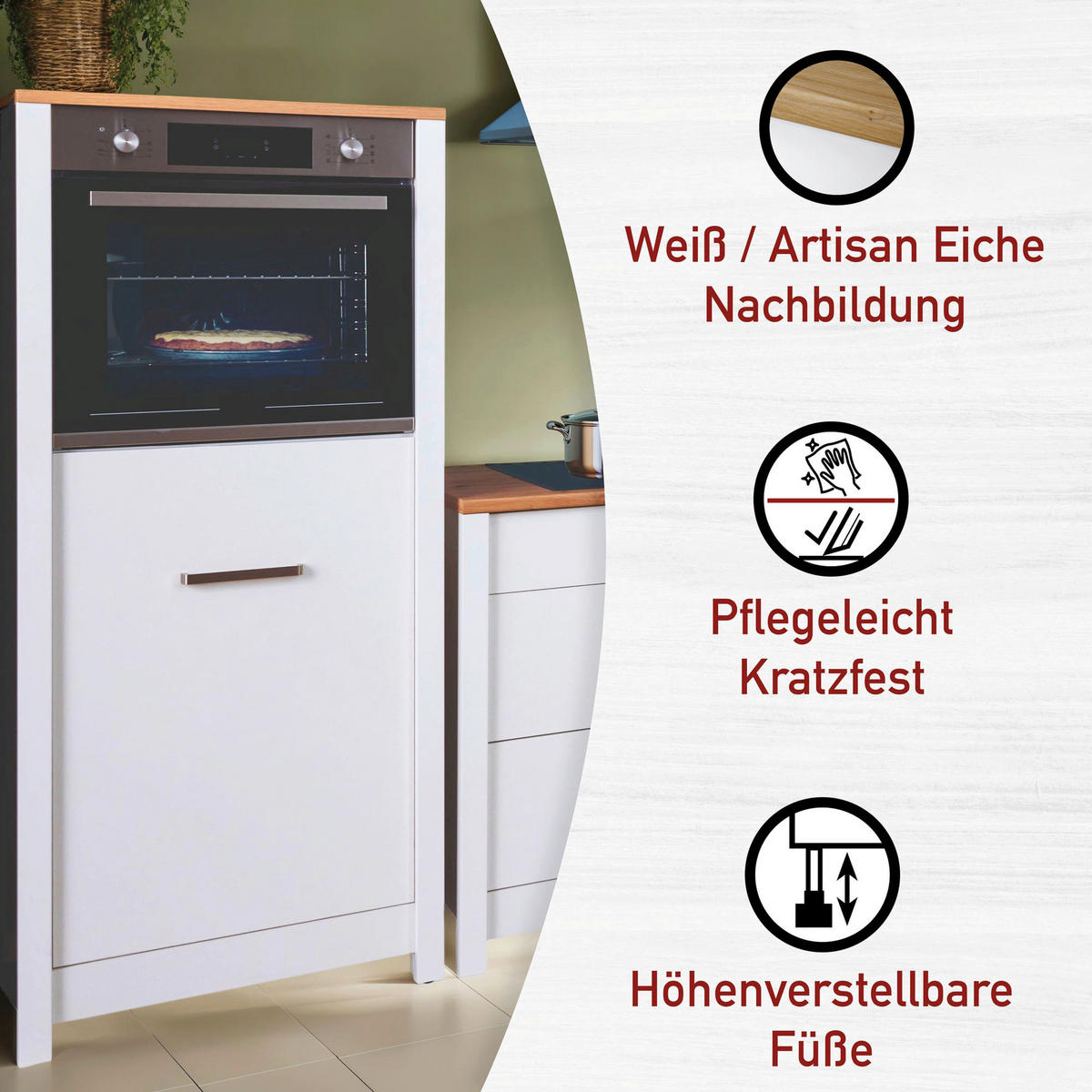 KÜCHENLEERBLOCK   in Weiß, Eiche Artisan  - Silberfarben/Weiß, MODERN, Glas/Holzwerkstoff (370/167/60cm) - home24