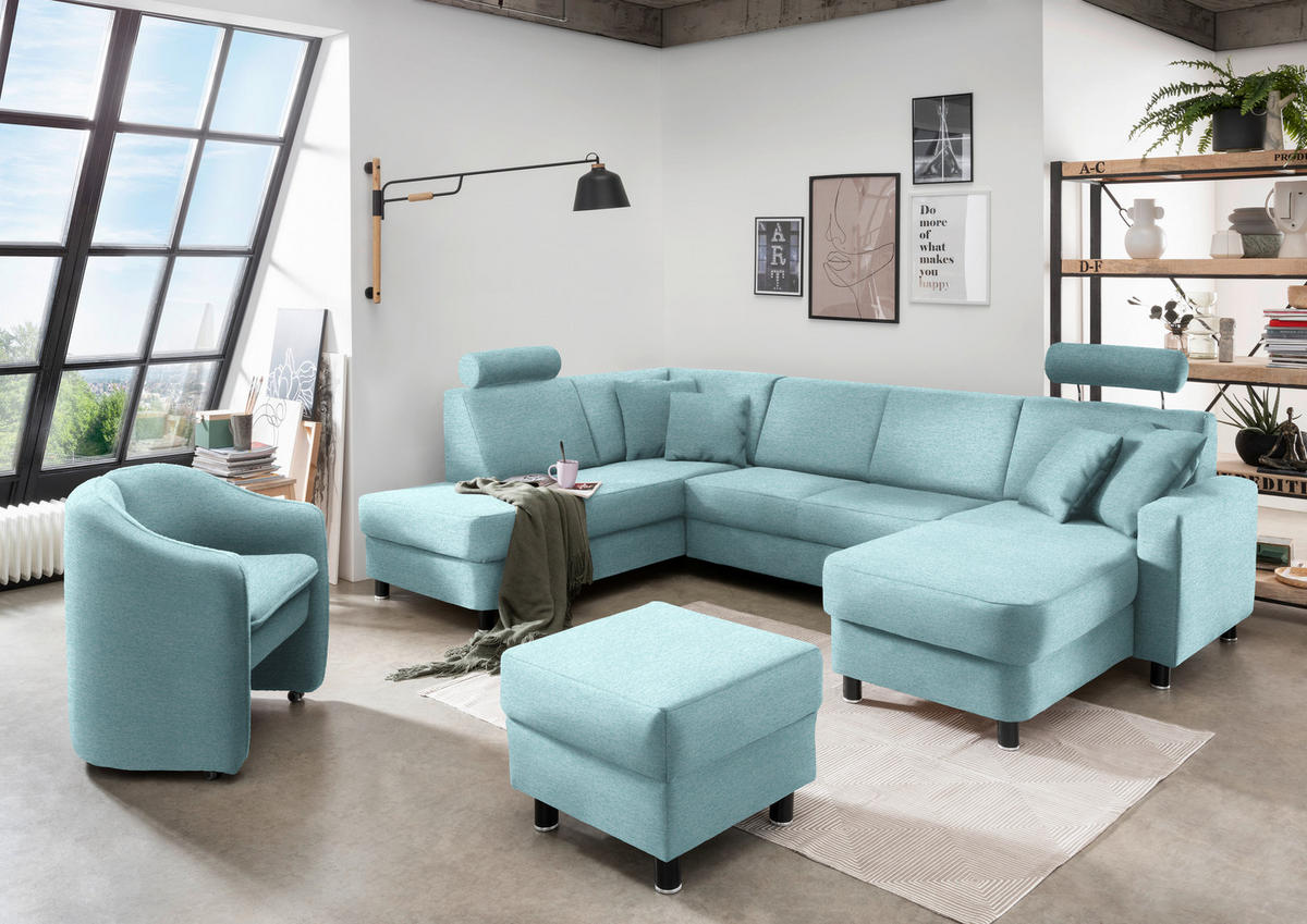 WOHNLANDSCHAFT  in Webstoff Türkis  - Türkis/Schwarz, Design, Holz/Textil (198/296/165cm) - Xora