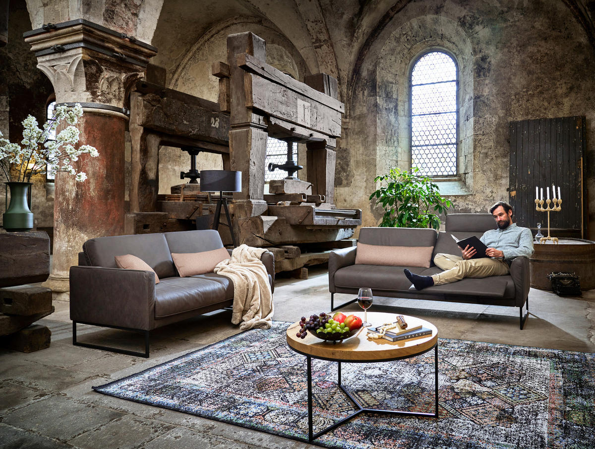 3-SITZER-SOFA in Echtleder Braun  - Anthrazit/Braun, Design, Leder/Metall (198/86/93cm) - Johann Jakob