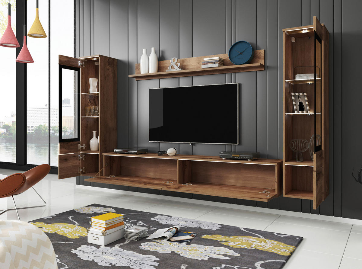 WOHNWAND Vera 4-teilig  in Eiche Wotan  240/130/33 cm  - Eiche Wotan/Grau, LIFESTYLE, Glas/Holzwerkstoff (240/130/33cm) - P & B