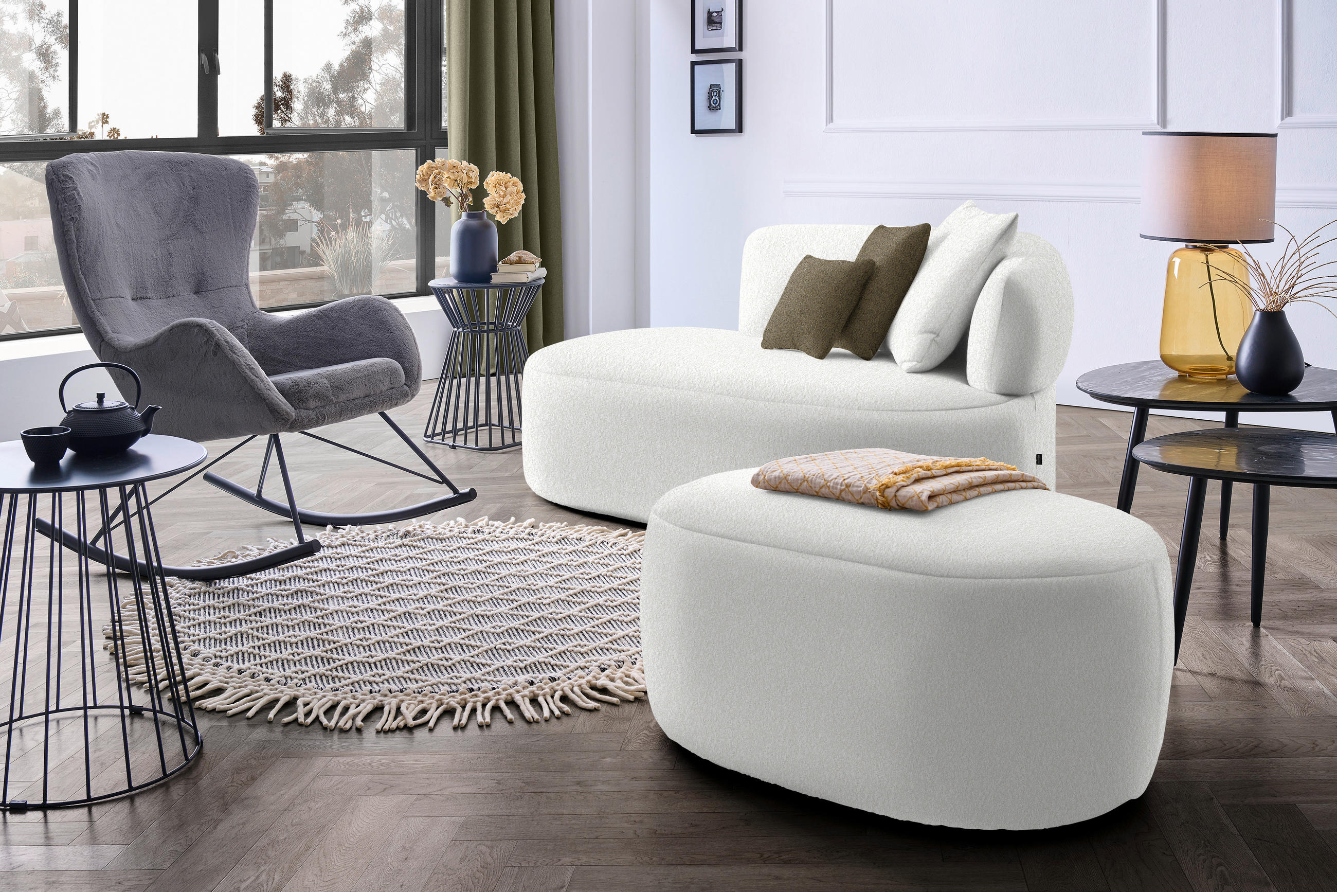 RÉCAMIERE in Bouclé Sandfarben, Olivgrün  - Sandfarben/Schwarz, MODERN, Kunststoff/Textil (166/86/105cm) - Hom`in