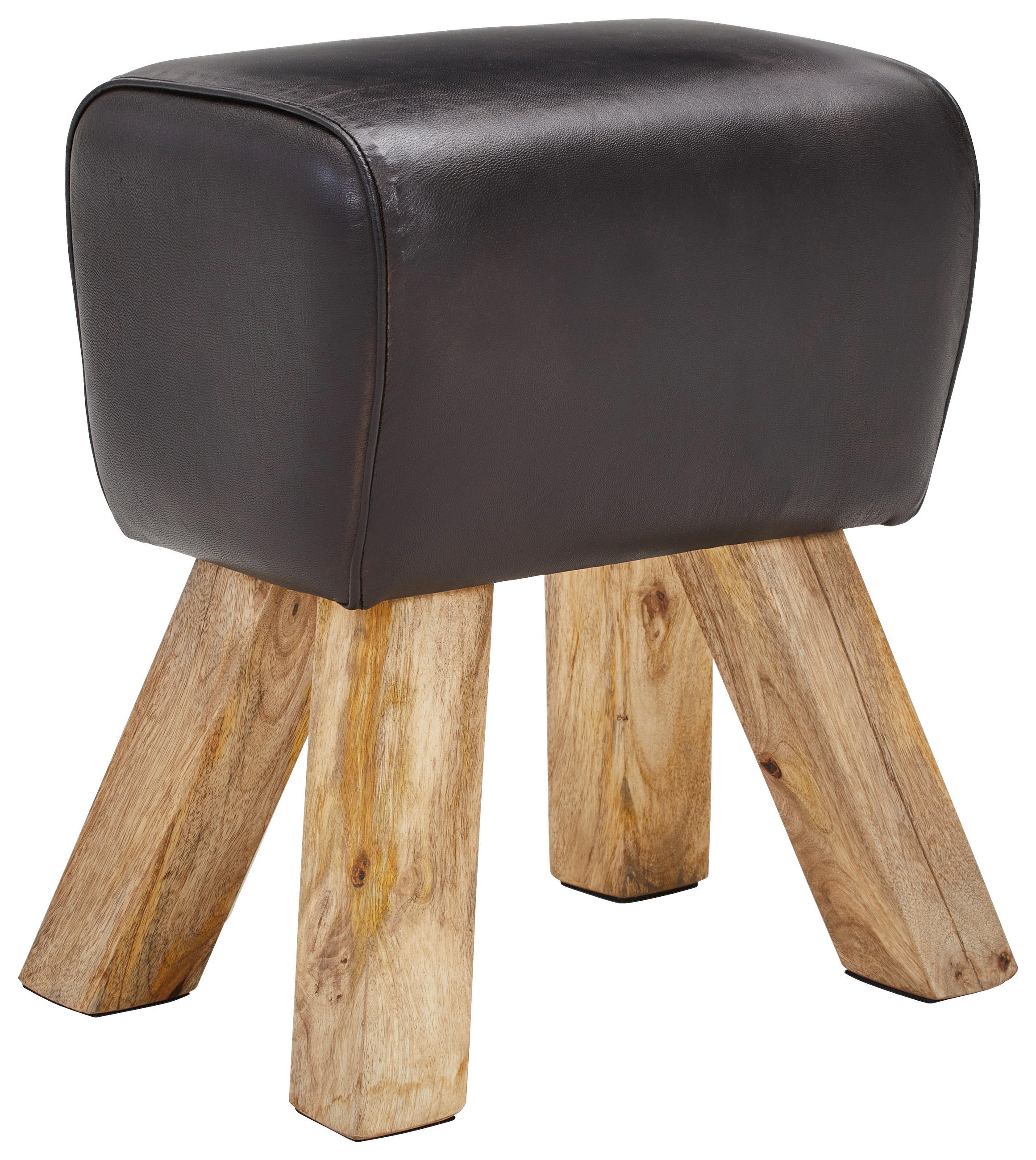 HOCKER Echtleder Mangoholz Schwarz  - Schwarz/Naturfarben, LIFESTYLE, Leder/Holz (42/45/35cm) - Livetastic