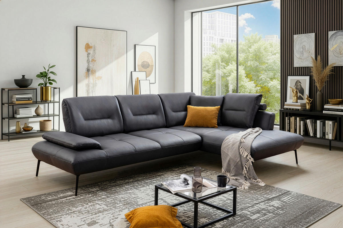ECKSOFA Anthrazit Echtleder Rücken echt, Sitztiefenverstellung  - Anthrazit/Schwarz, Design, Leder/Metall (320/190cm) - Moderano